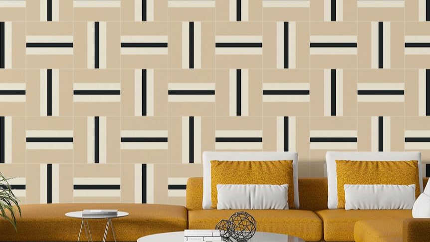 Modern Abstract Blocks wallpaper mural in a beige basketweave print behind a mustard yellow sectional sofa