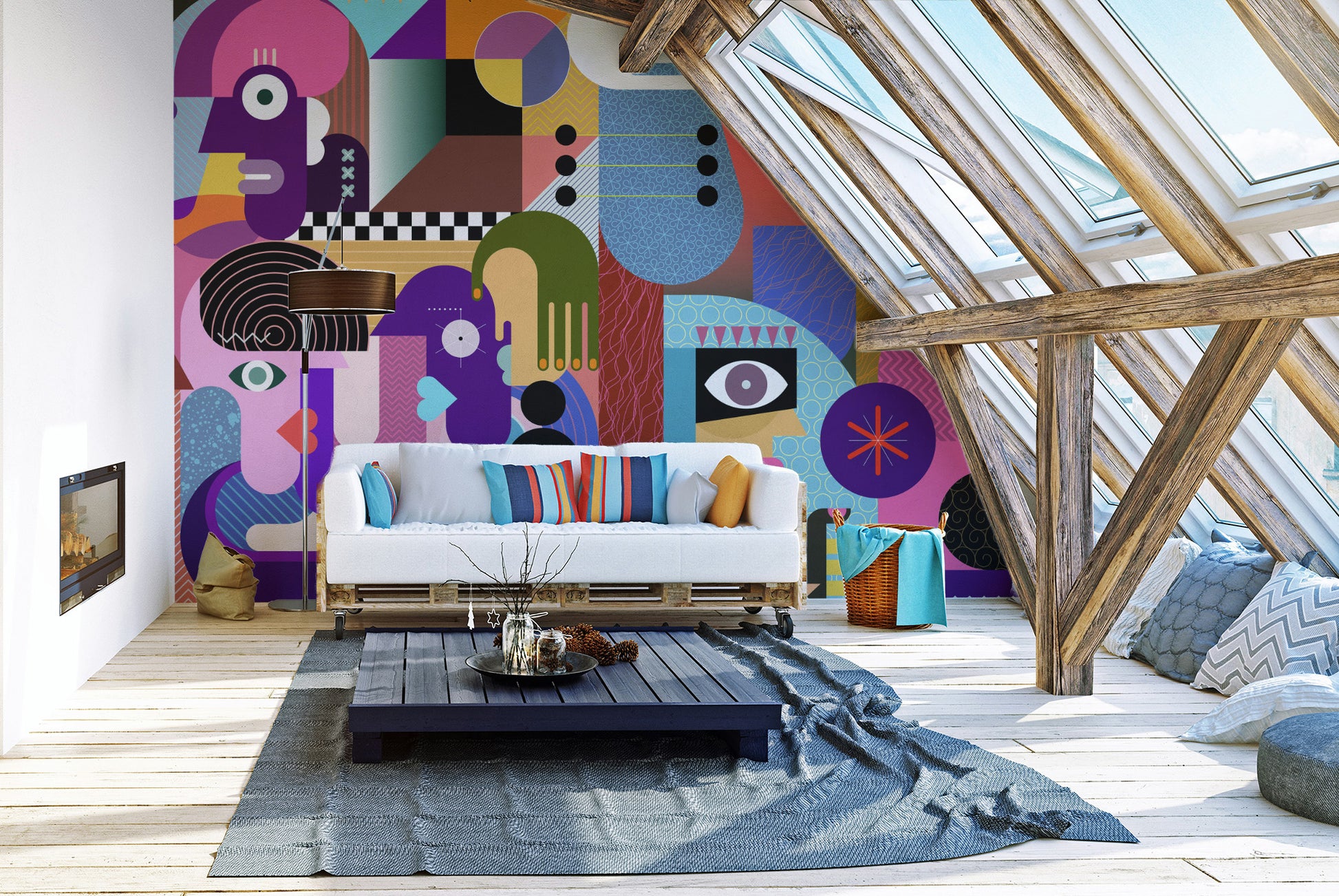 Modern Abstract Faces wallpaper mural of bold cubist faces above a white pallet sofa in a sunlit attic living room