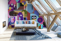 Modern Abstract Faces wallpaper mural of bold cubist faces above a white pallet sofa in a sunlit attic living room