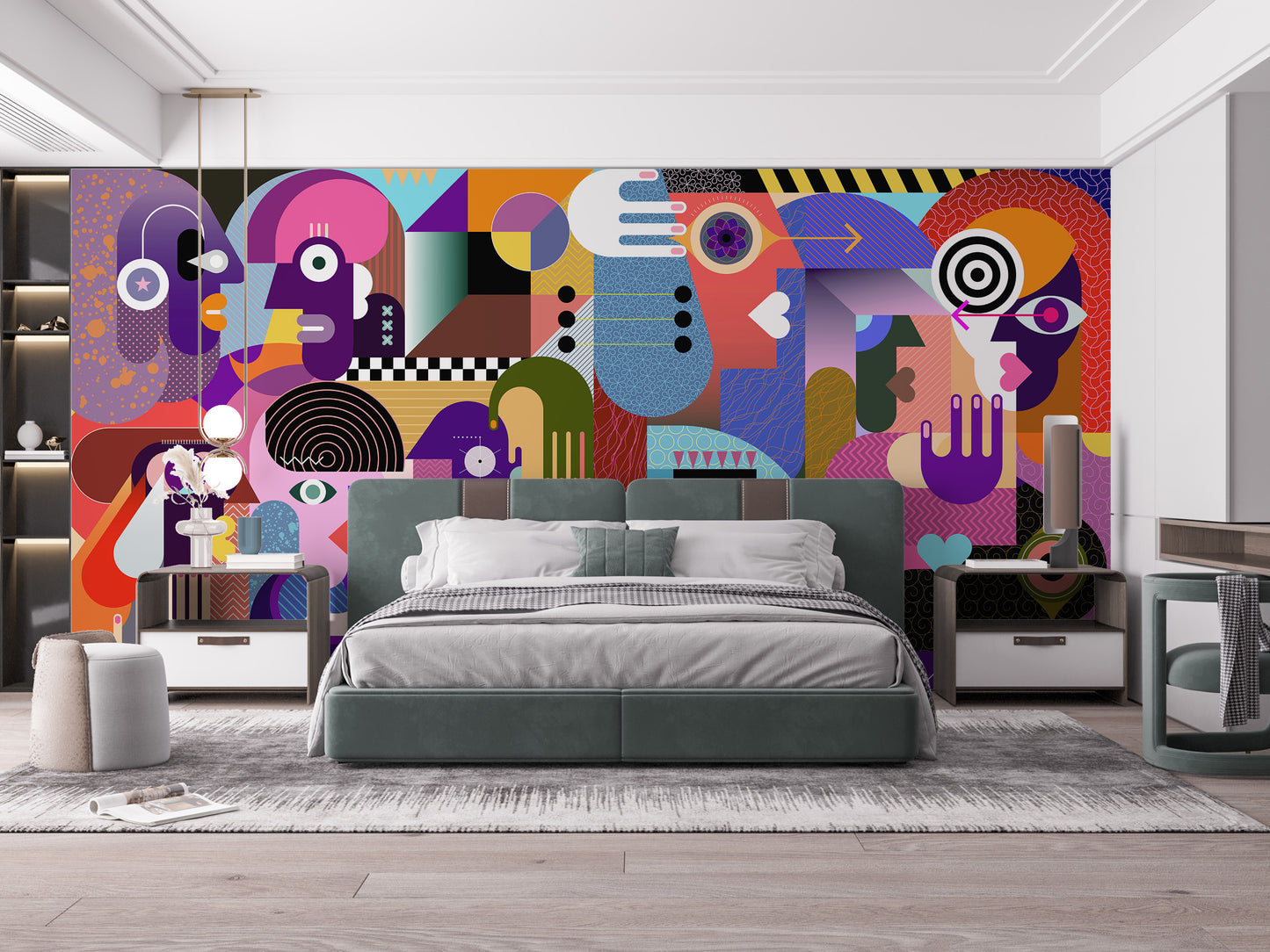 Modern Abstract Faces wallpaper mural of cubist faces in purple and red behind a sage grey bed in a bedroom