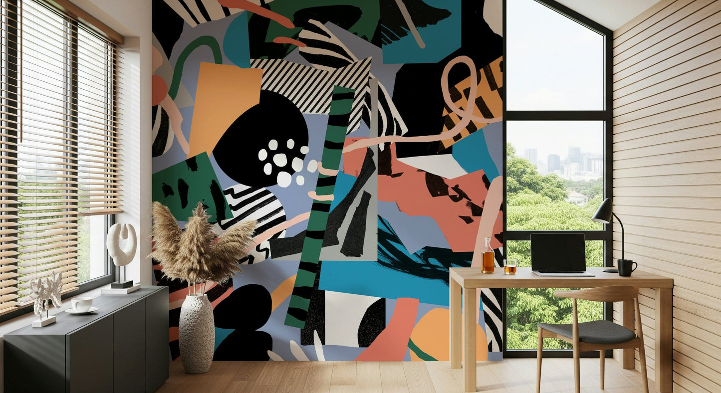 A graceful subtle geometric wall mural in cool, natural tones.

