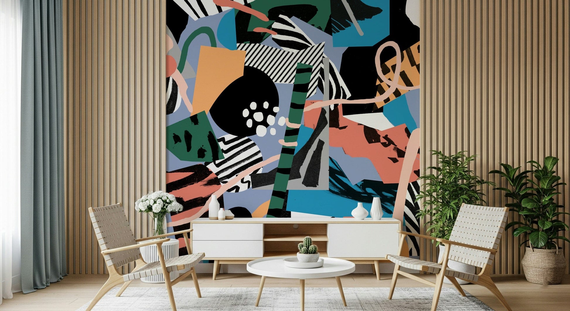 An artistic abstract shape mural on elegant wallpaper.

