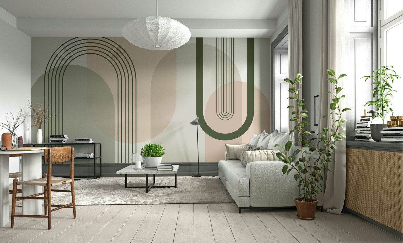 A wall mural of an abstract, geometric pattern.

