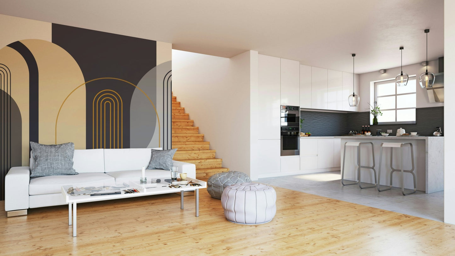 The colors are soft, muted tones of beige, cream, and gray.

