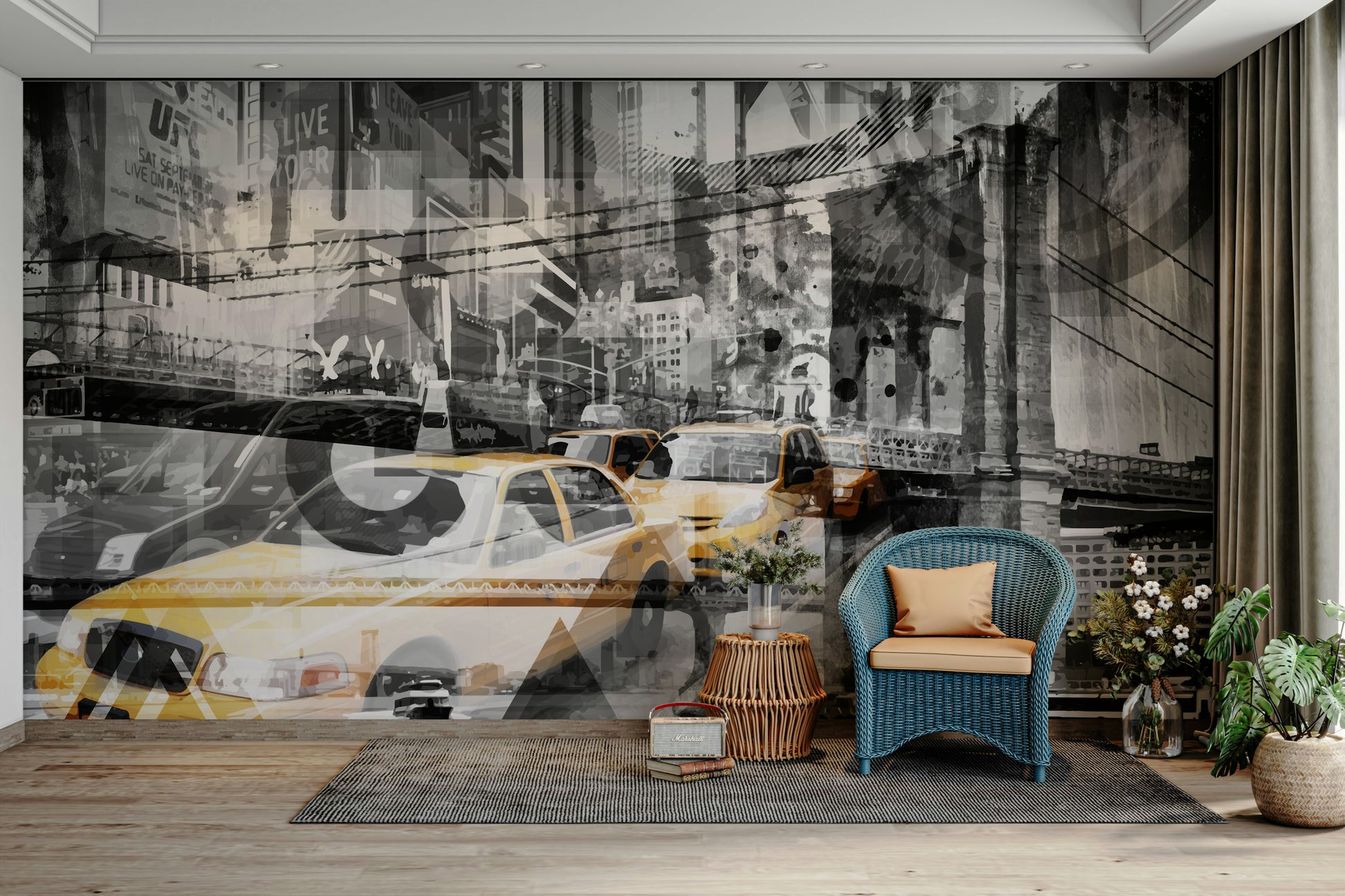 Grayscale and color NYC collage mural wallpaper

