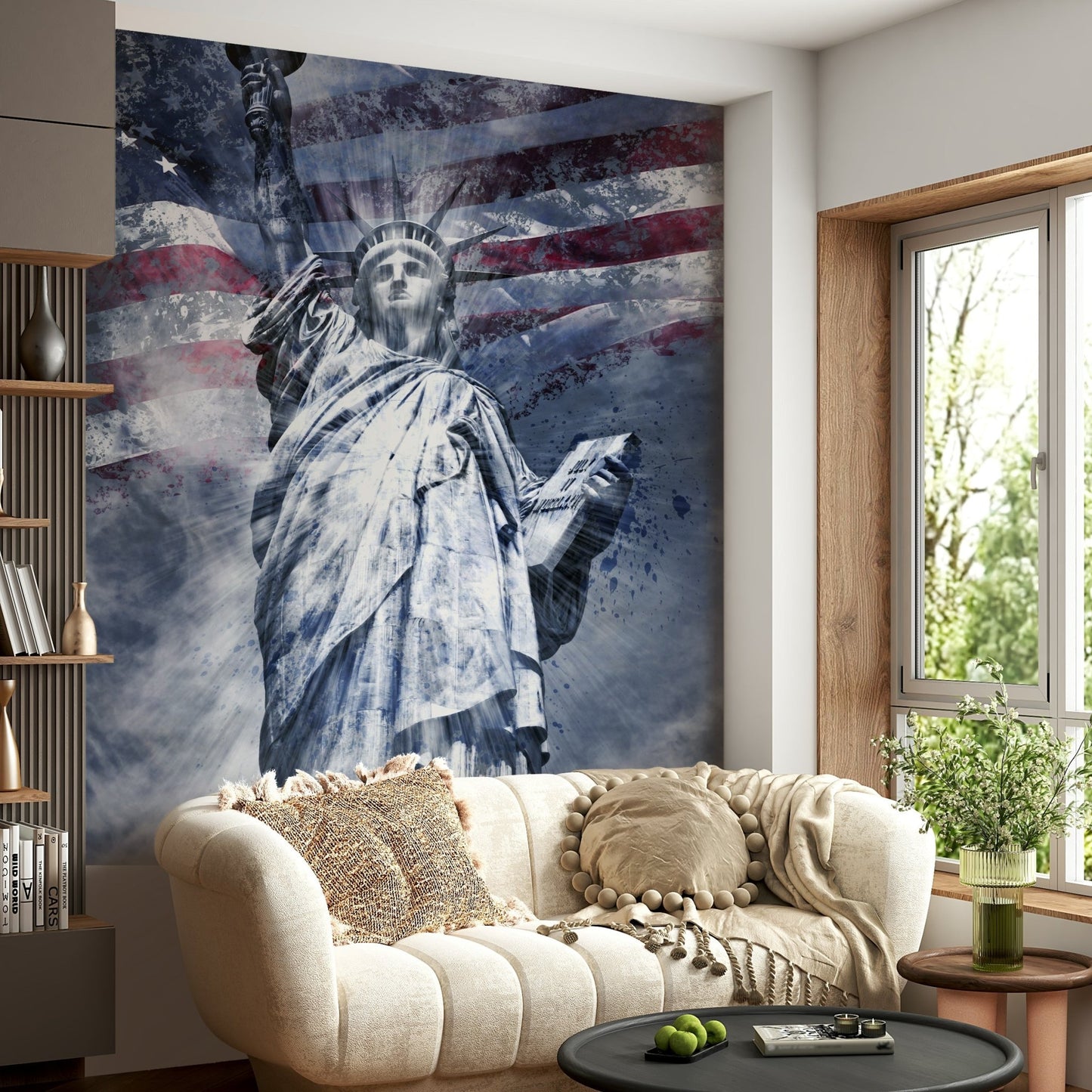 Striking blue and white Statue of Liberty wall mural design

