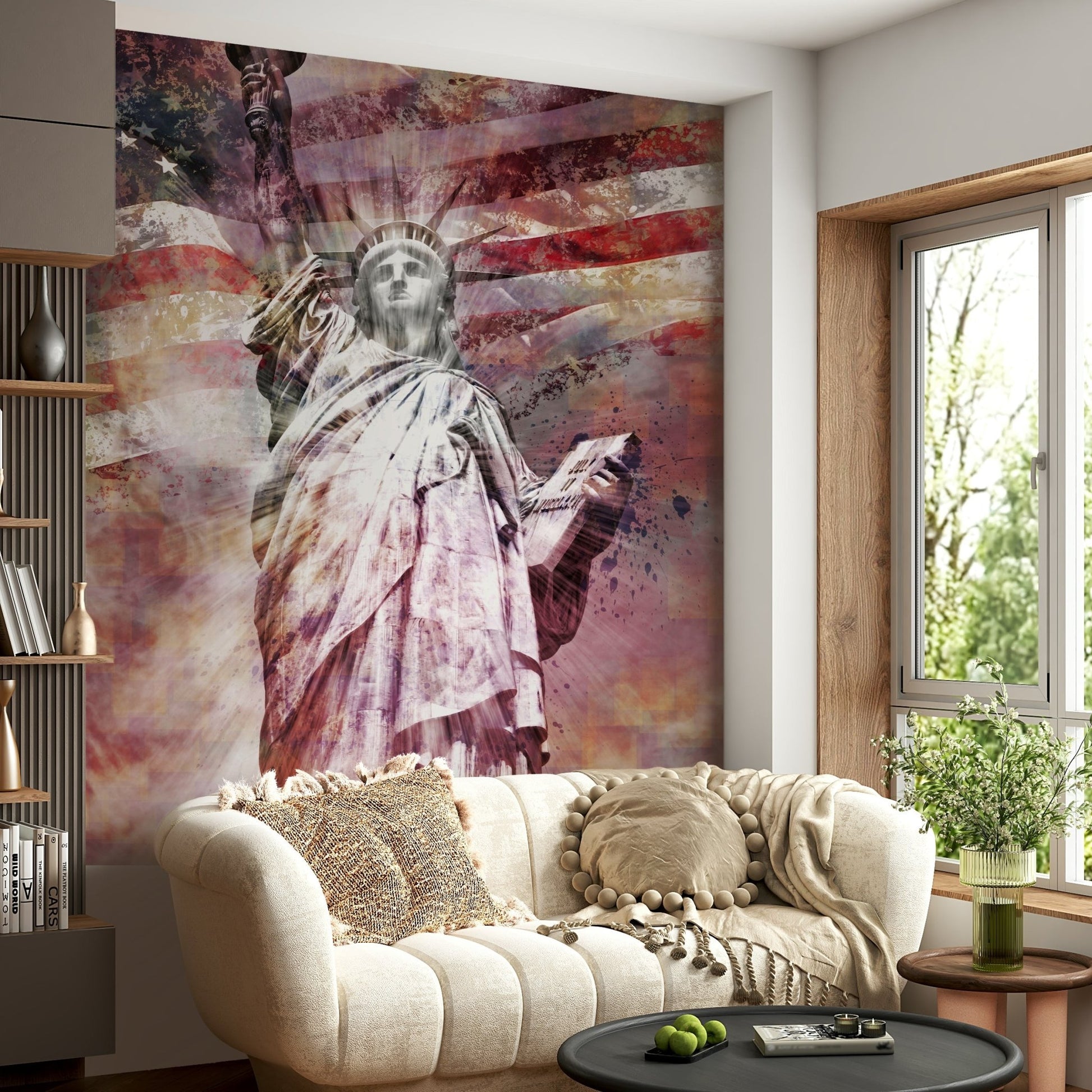 Bold red and black Statue of Liberty wall mural design

