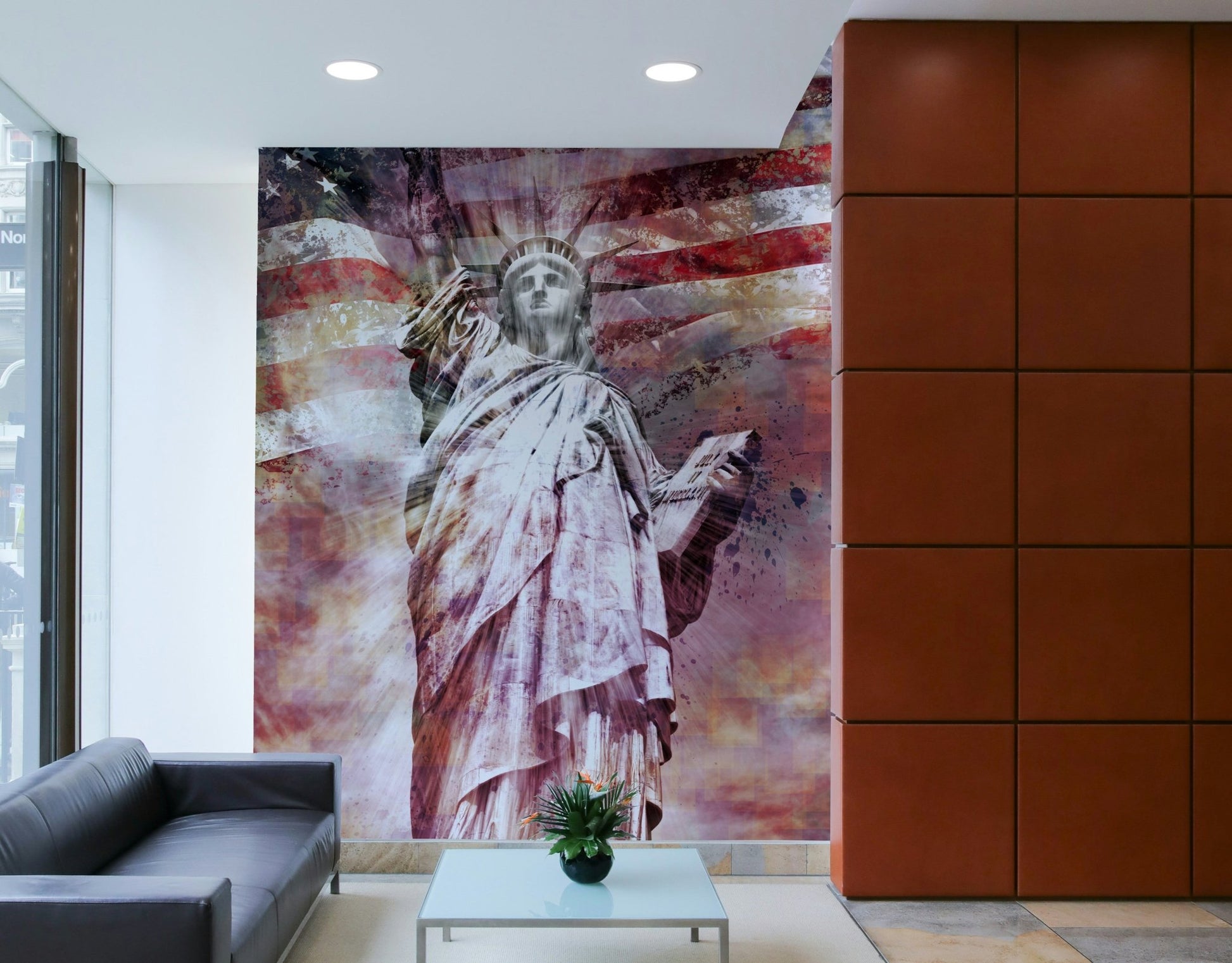 Patriotic red Statue of Liberty wall mural with modern flair

