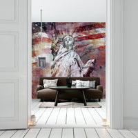 Statue of Liberty in red tones on modern art-inspired mural

