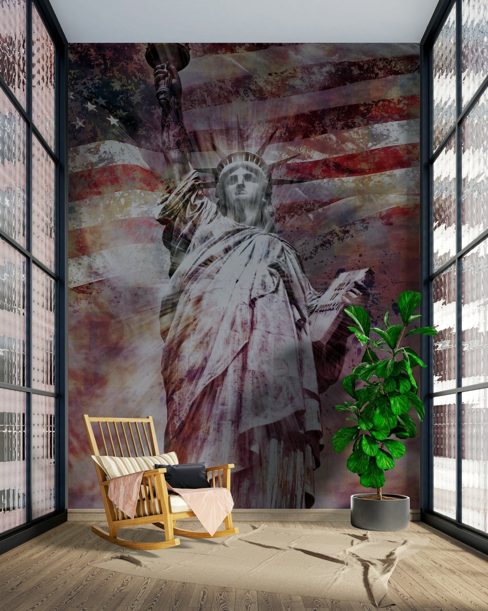 Modern design wall mural featuring Statue of Liberty in red

