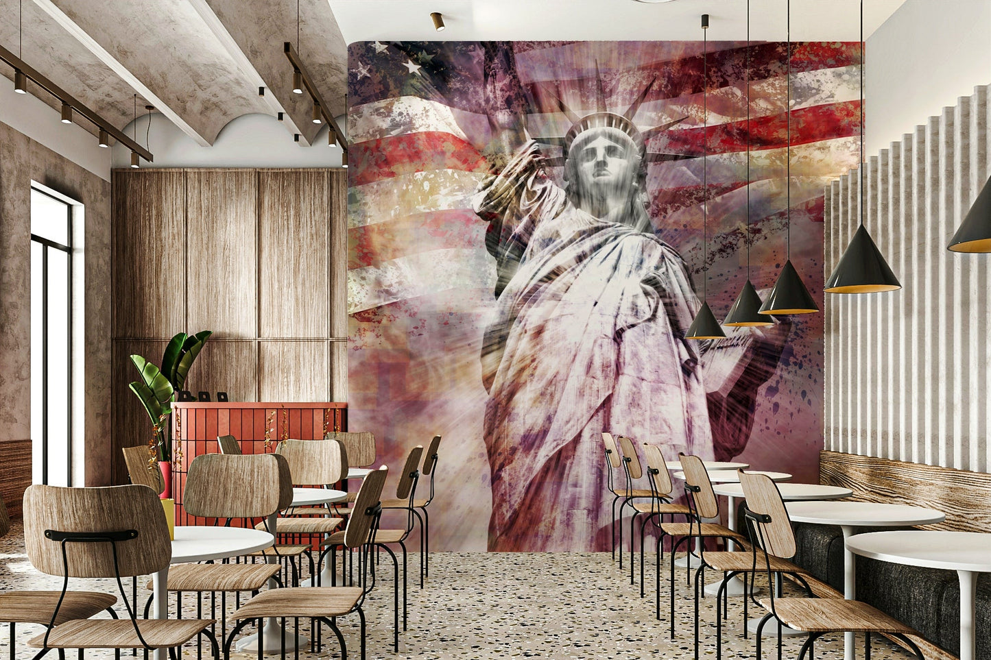 Contemporary red Statue of Liberty mural for urban spaces

