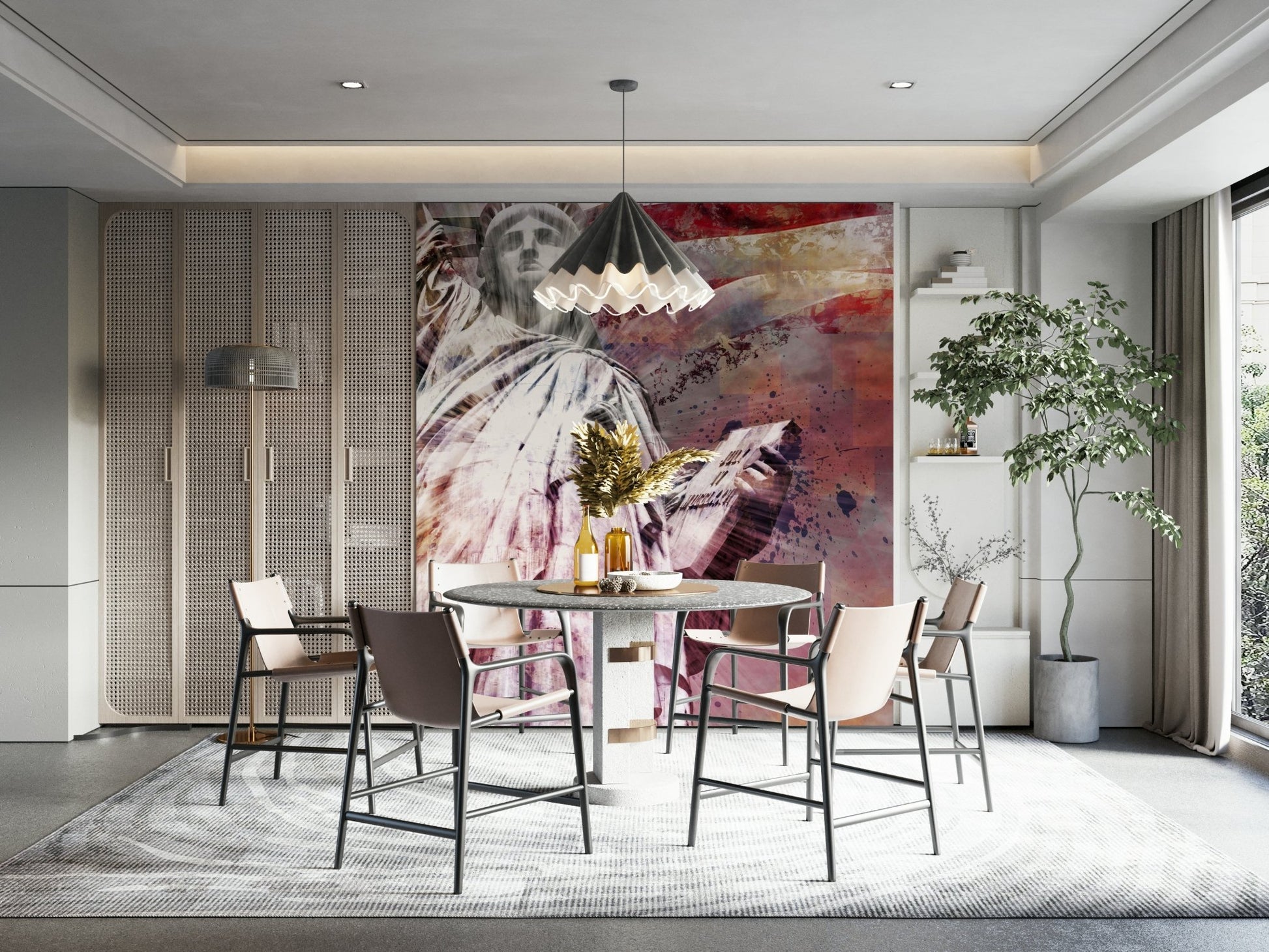 Red-toned Statue of Liberty wall mural in modern art style

