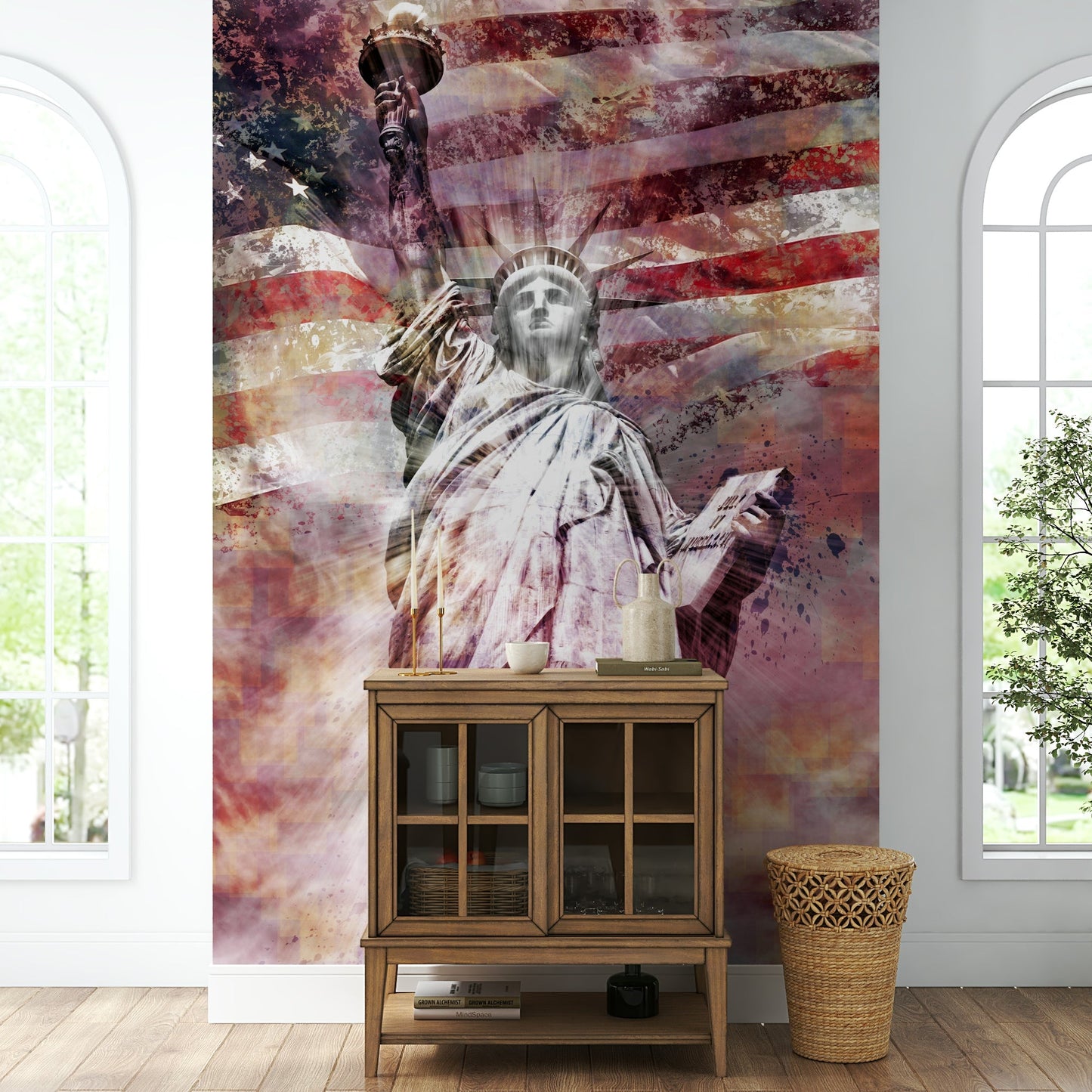 Artistic Statue of Liberty mural with a vibrant red backdrop

