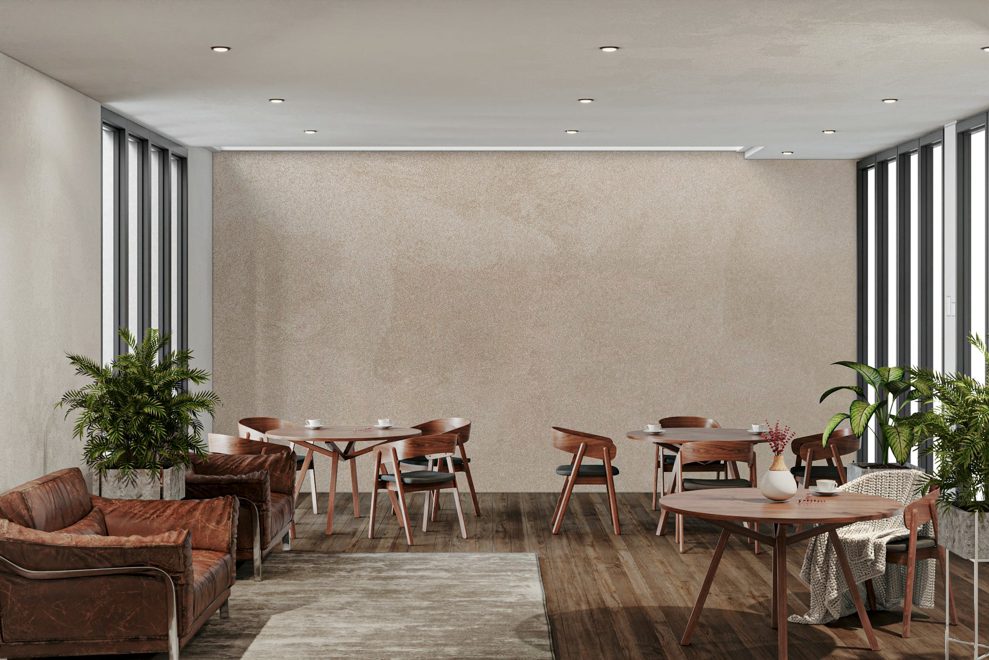 Modern Minimalist Beige wallpaper mural on a lounge feature wall behind a brown leather sofa and wooden dining tables