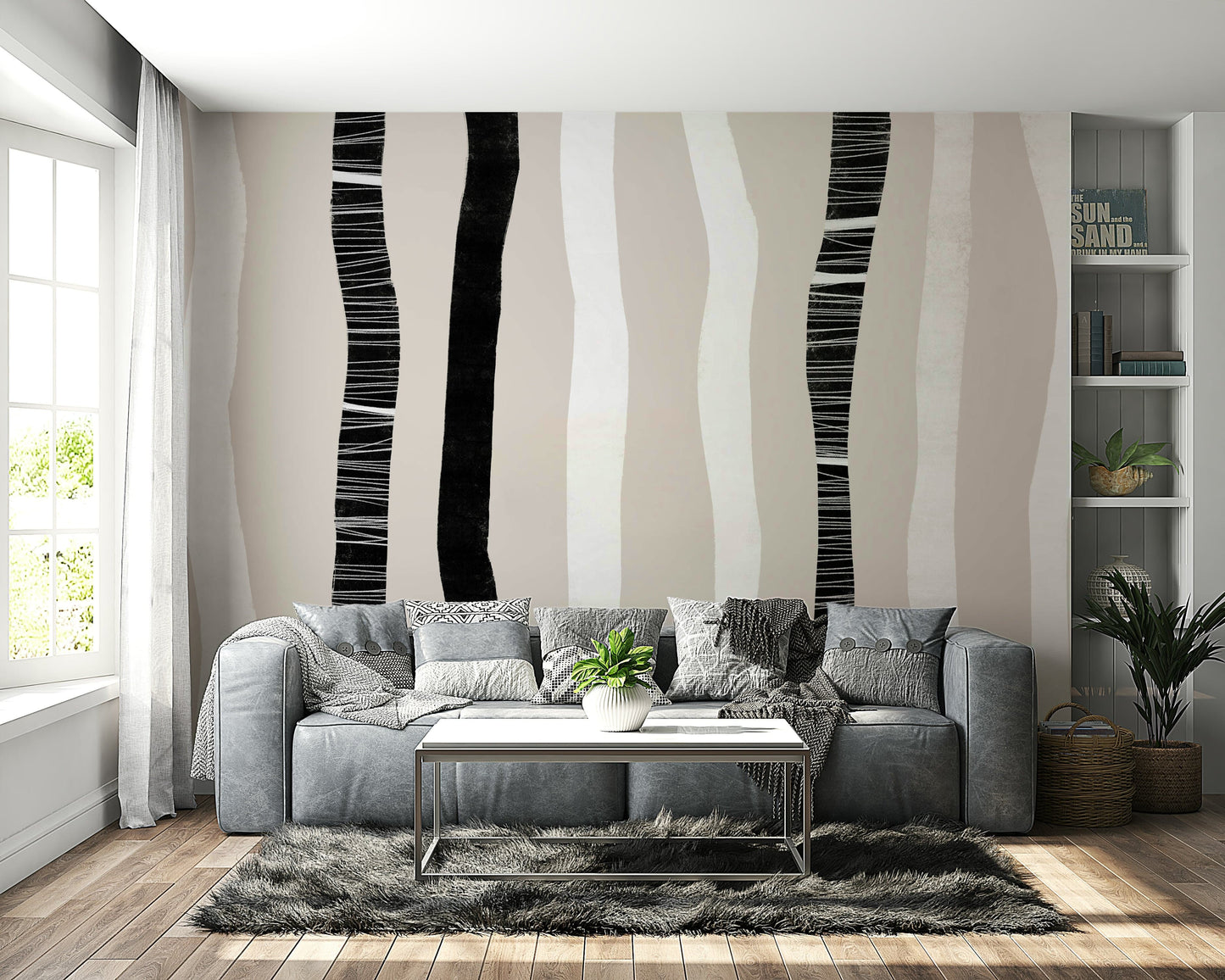 A peaceful woodland scene mural on decorative wallpaper.

