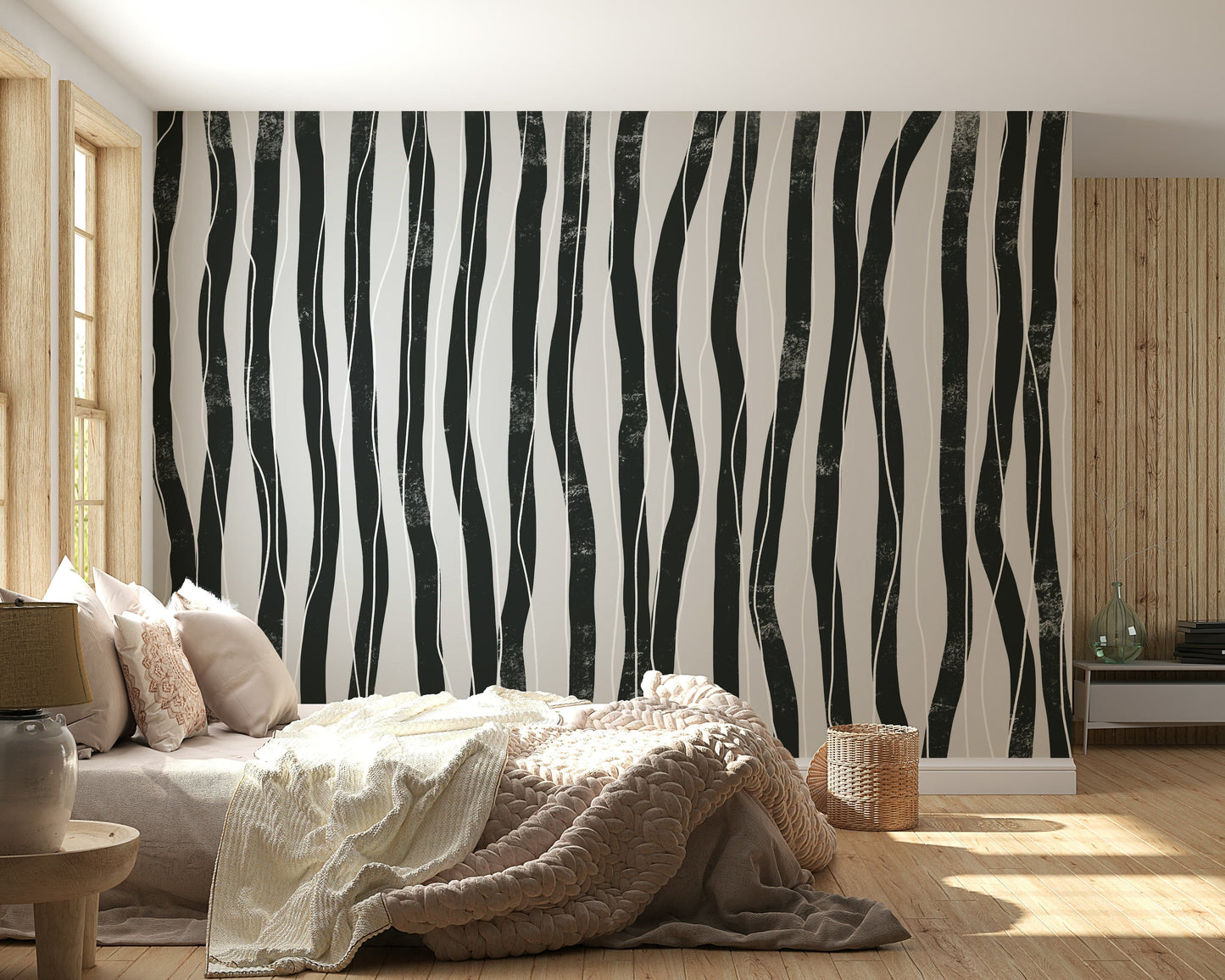 A peaceful modern abstract mural on decorative wallpaper.