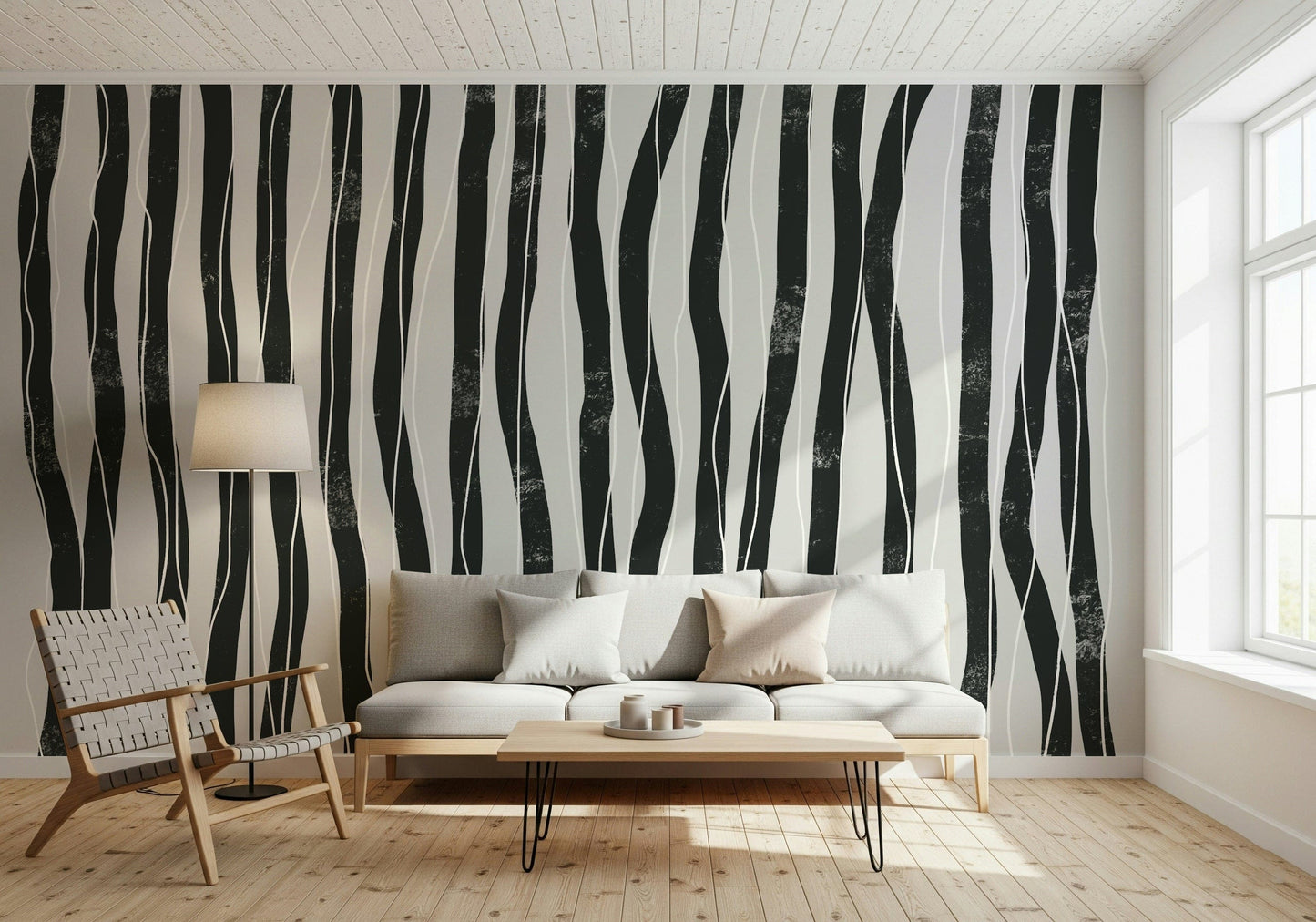 A beautiful modern stripe wallpaper mural with vertical, urban lines.