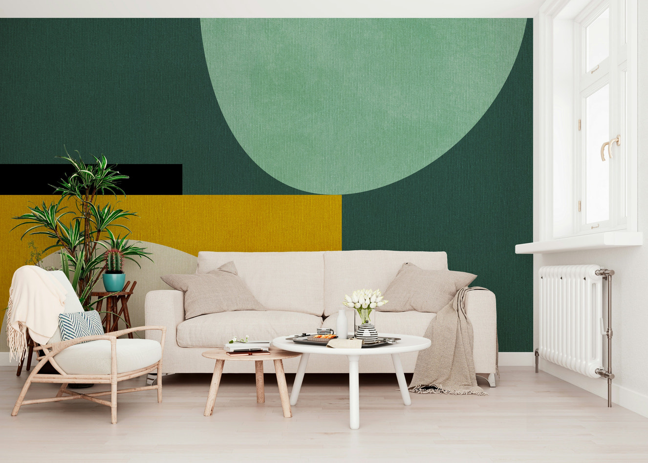 A beautiful abstract color block wallpaper mural with fluid, curved shapes.