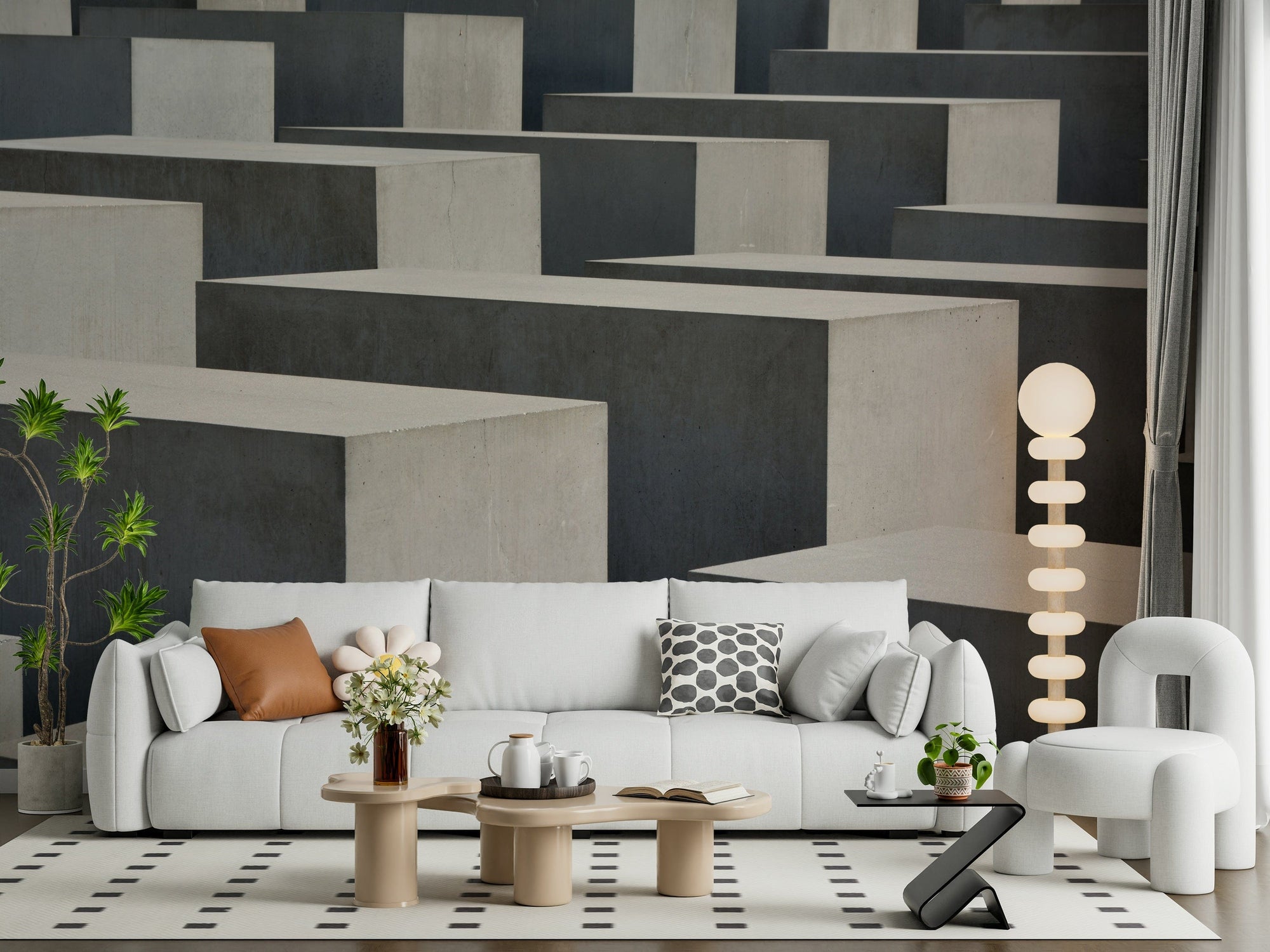 Concrete Geometry wallpaper mural of grey 3D concrete blocks above a white sofa and bubble lamp in a living room