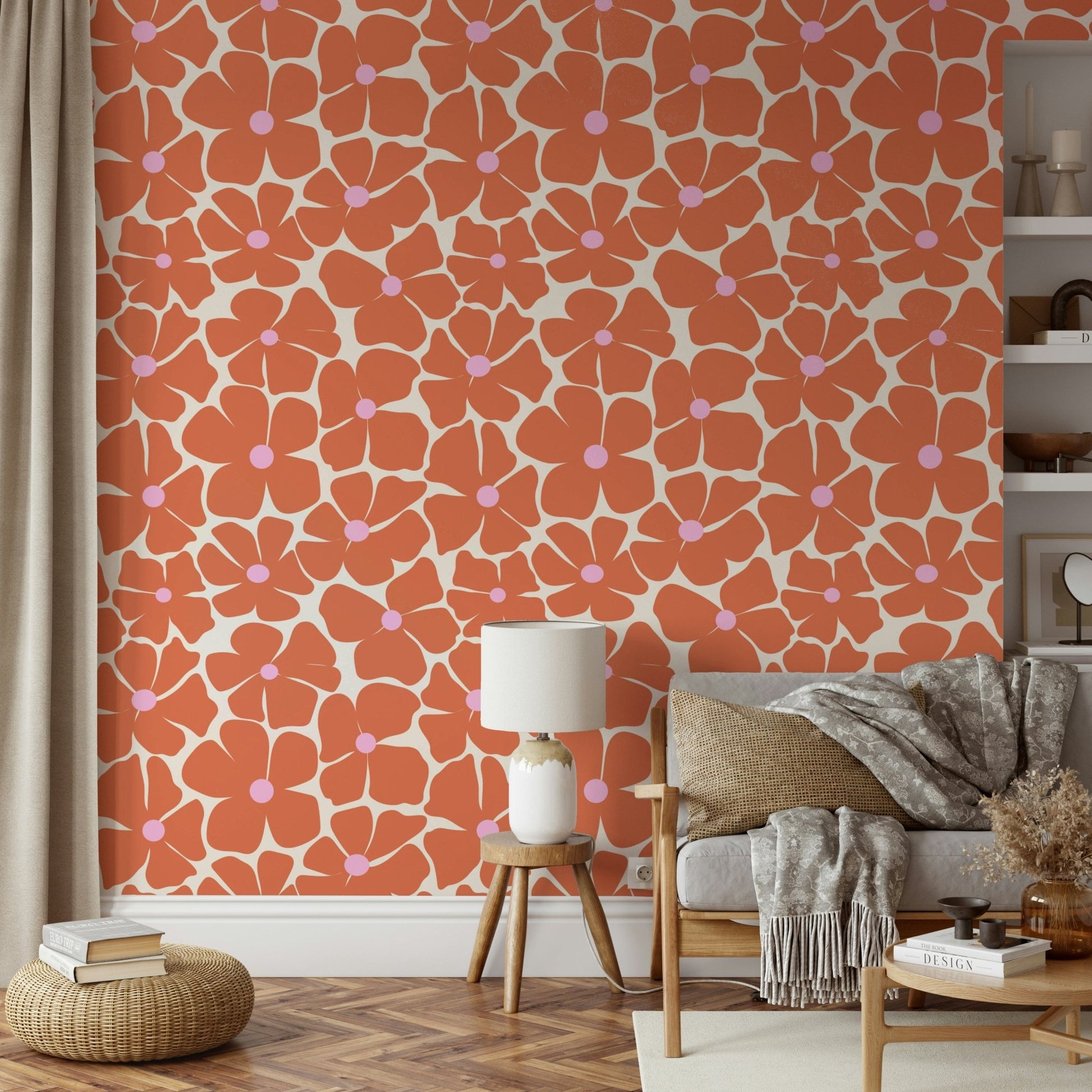 Elegant floral wallpaper with coral-colored flowers

