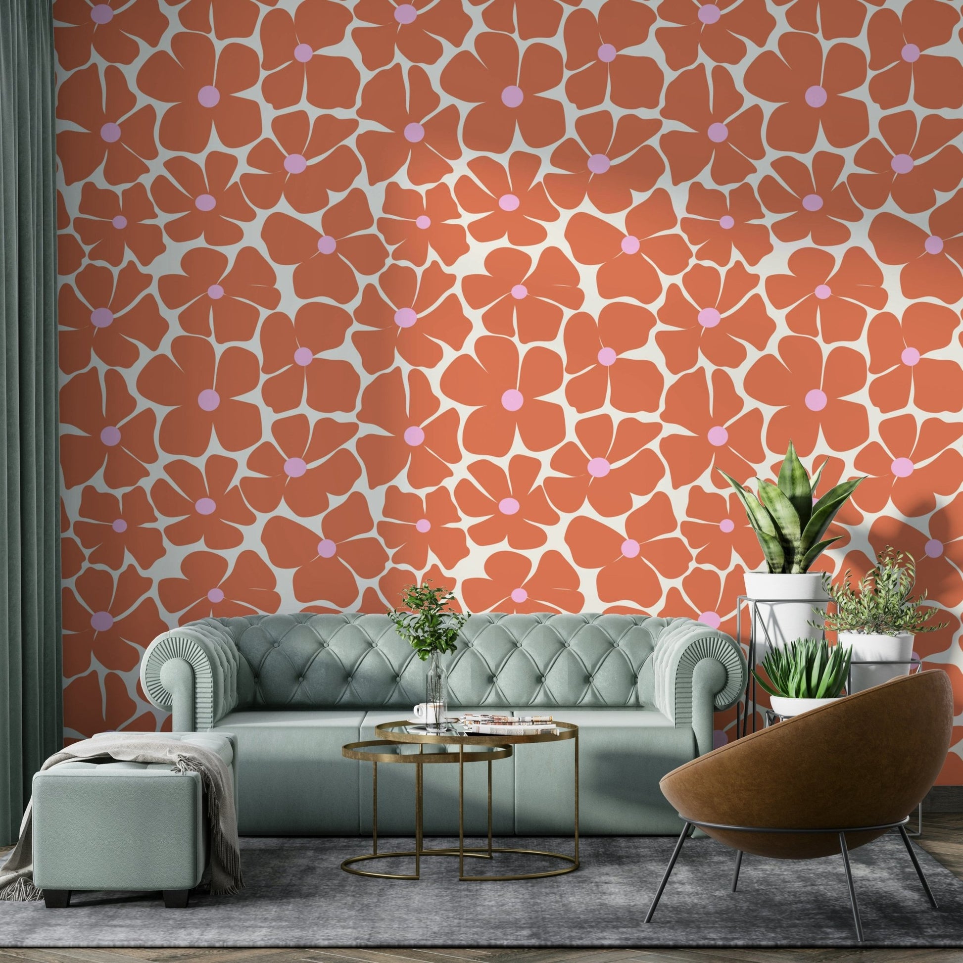 Modern floral wallpaper with a coral palette

