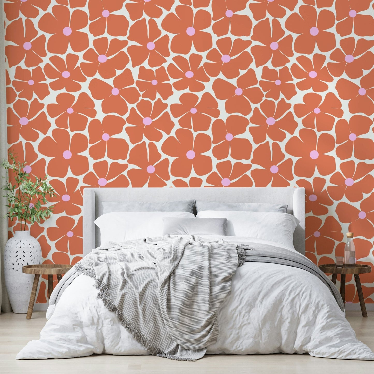 Contemporary floral wallpaper in coral and blush tones

