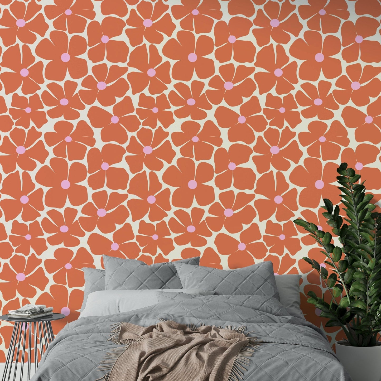 Coral and white floral pattern wallpaper for modern spaces

