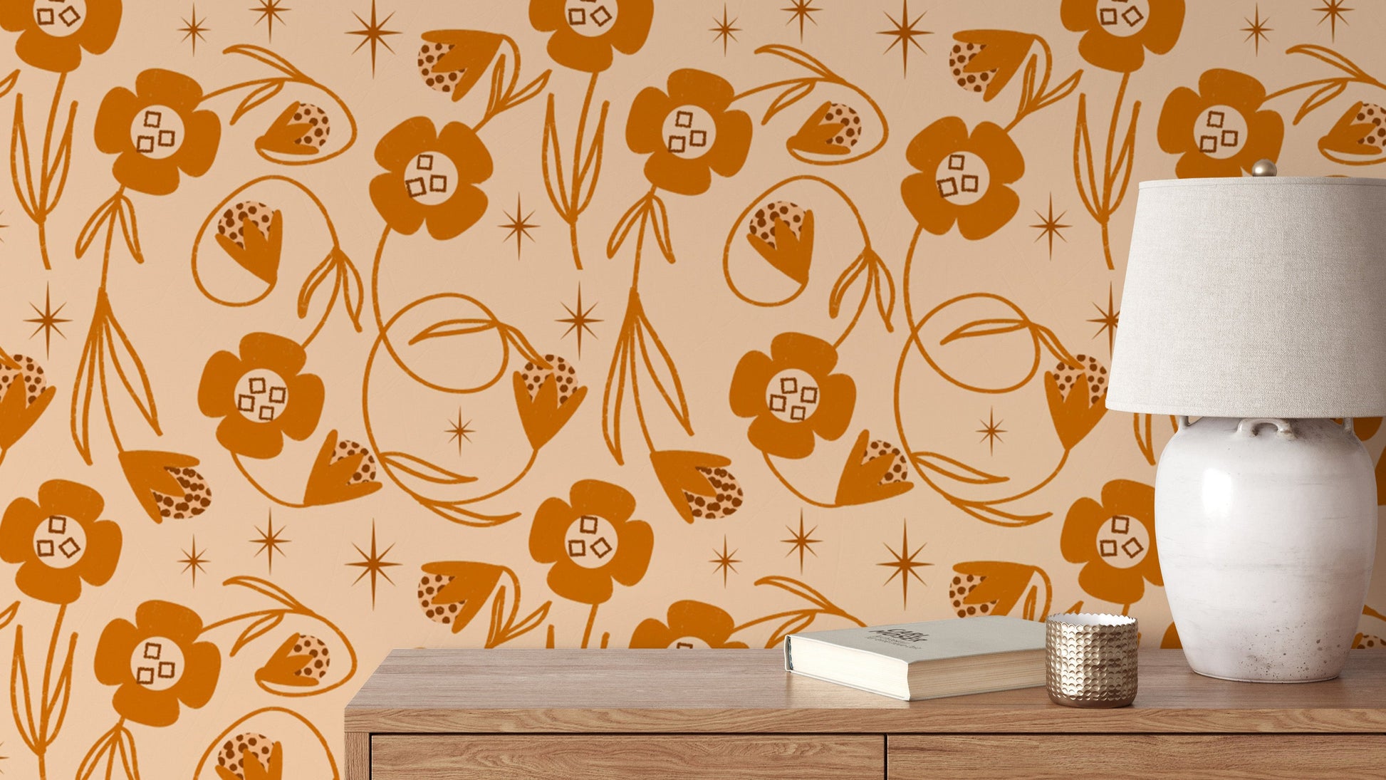 Orange floral wallpaper with peach tones
