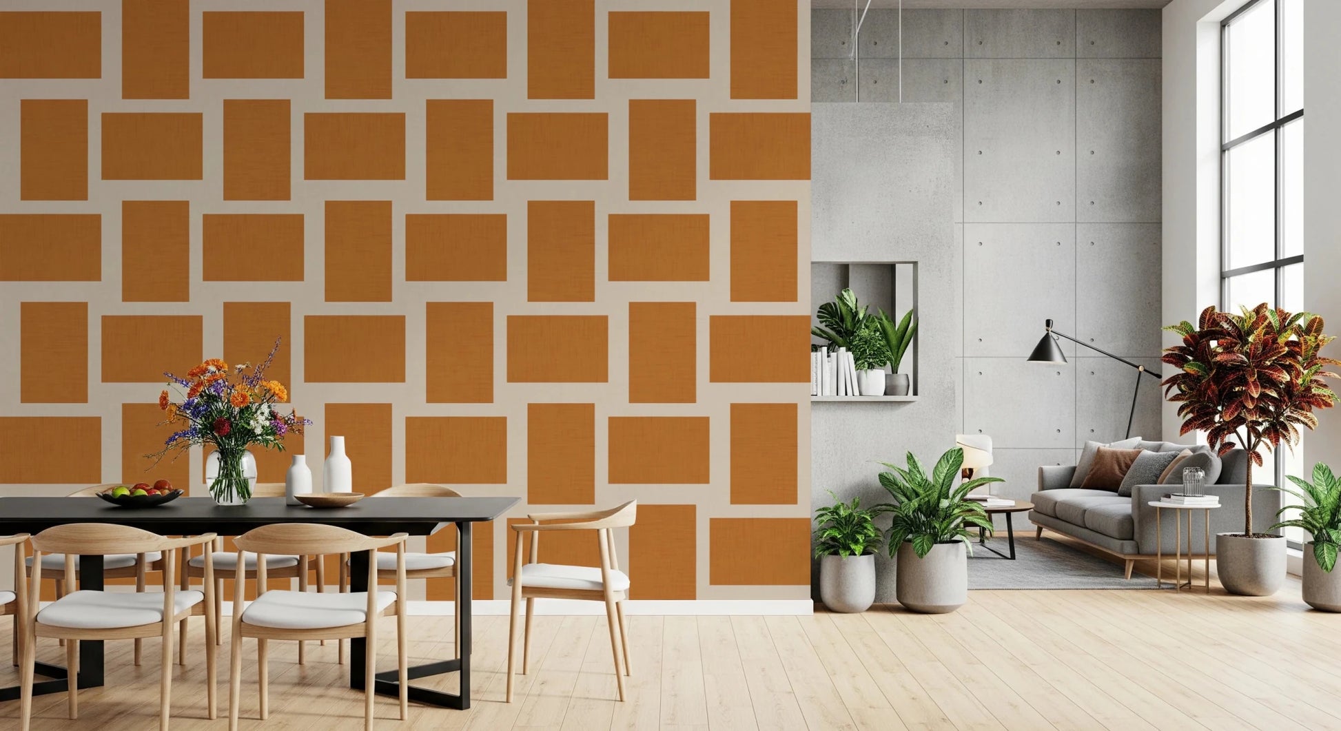 Modern Geometric Color Block Terracotta Cream Wallpaper⁠