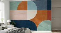 A peaceful geometric abstract mural on decorative wallpaper.