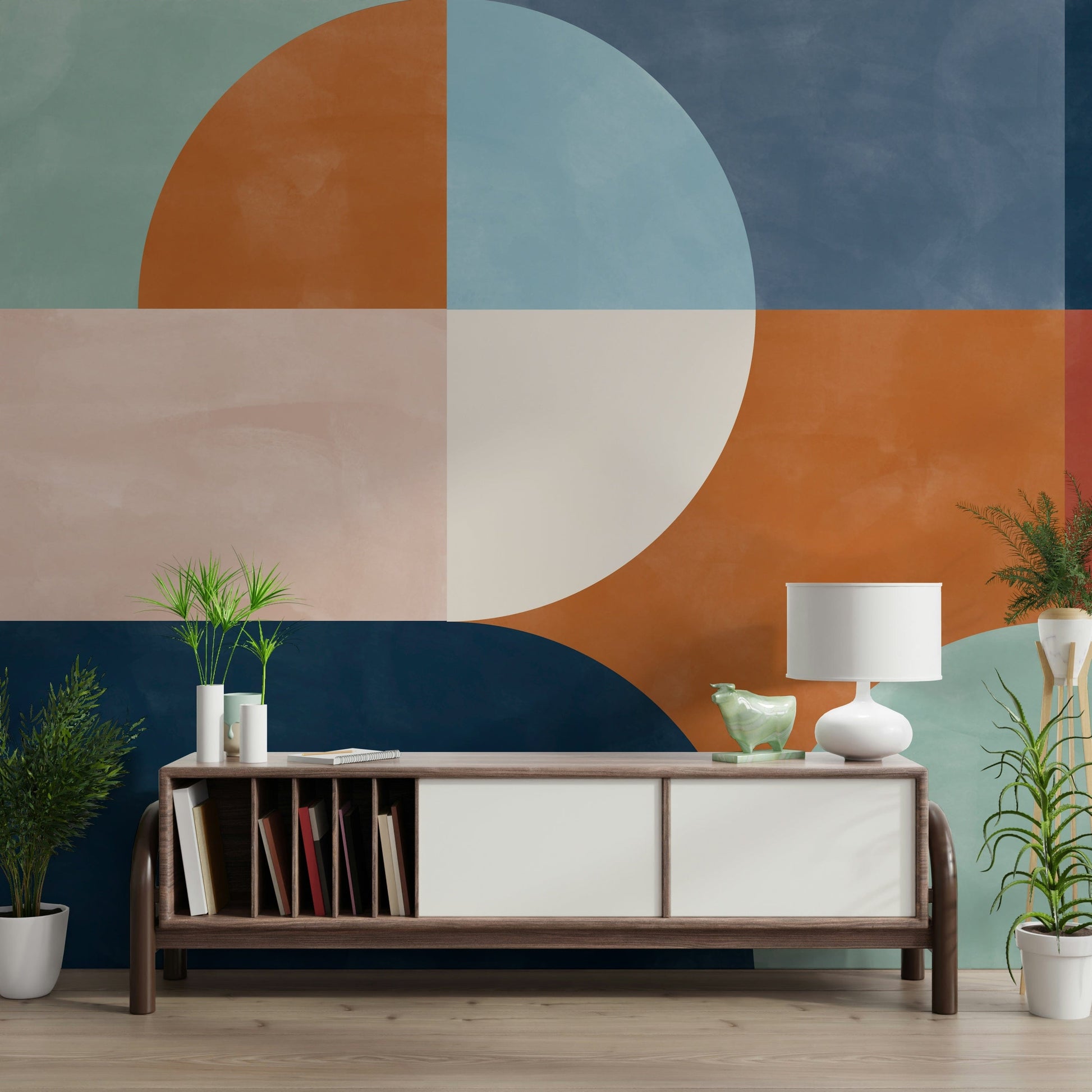A contemplative geometric design wallpaper mural for a feature wall.