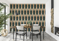 Stylish geometric wine cellar wallpaper in deep blue.

