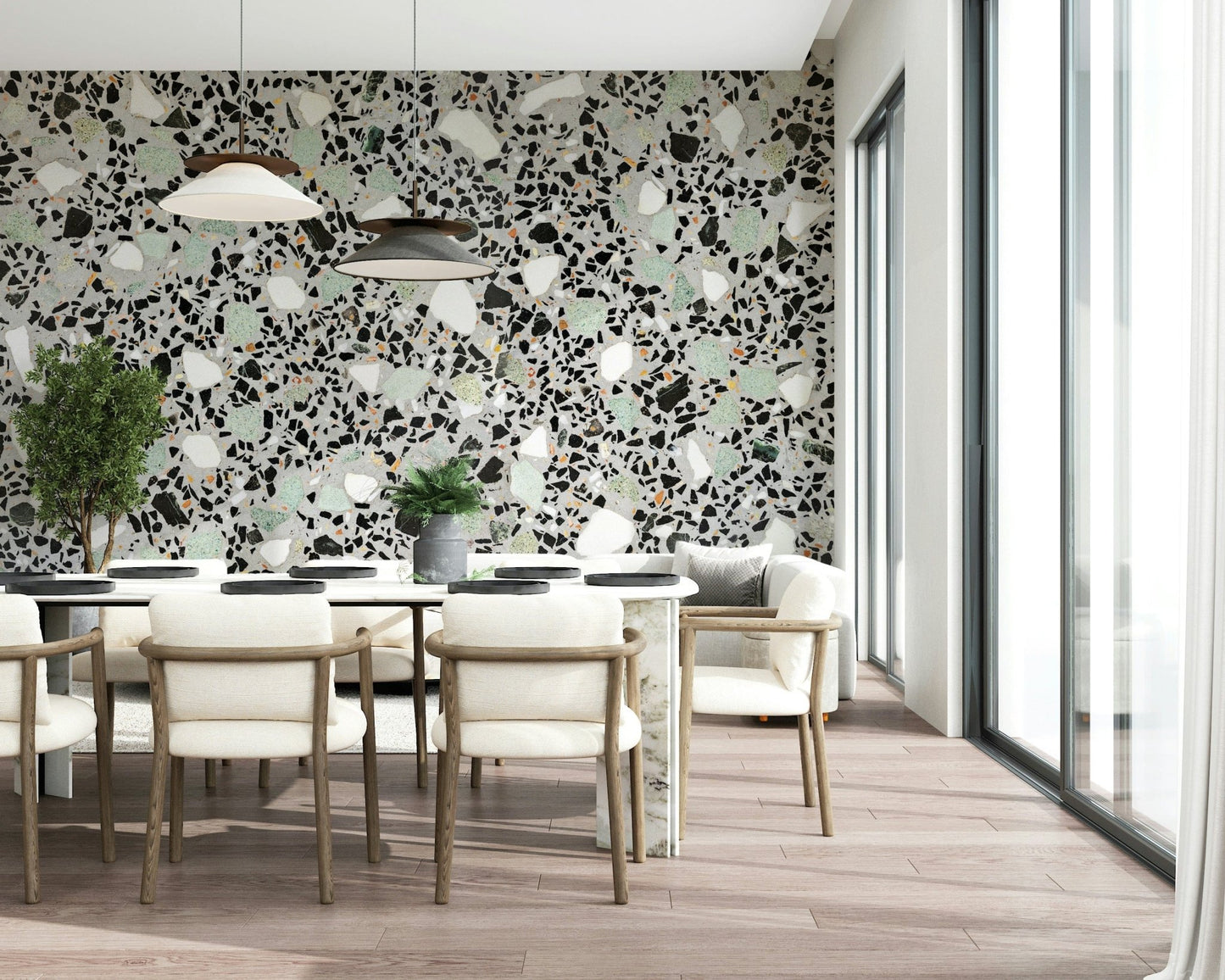 Modern Terrazzo pattern wallpaper detailed chips texture interior.