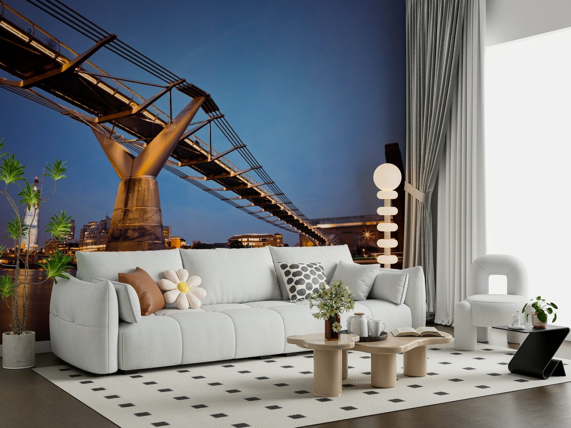 Modern Meets Classic wallpaper mural of the Thames bridge above a white sofa with a daisy cushion in a living room