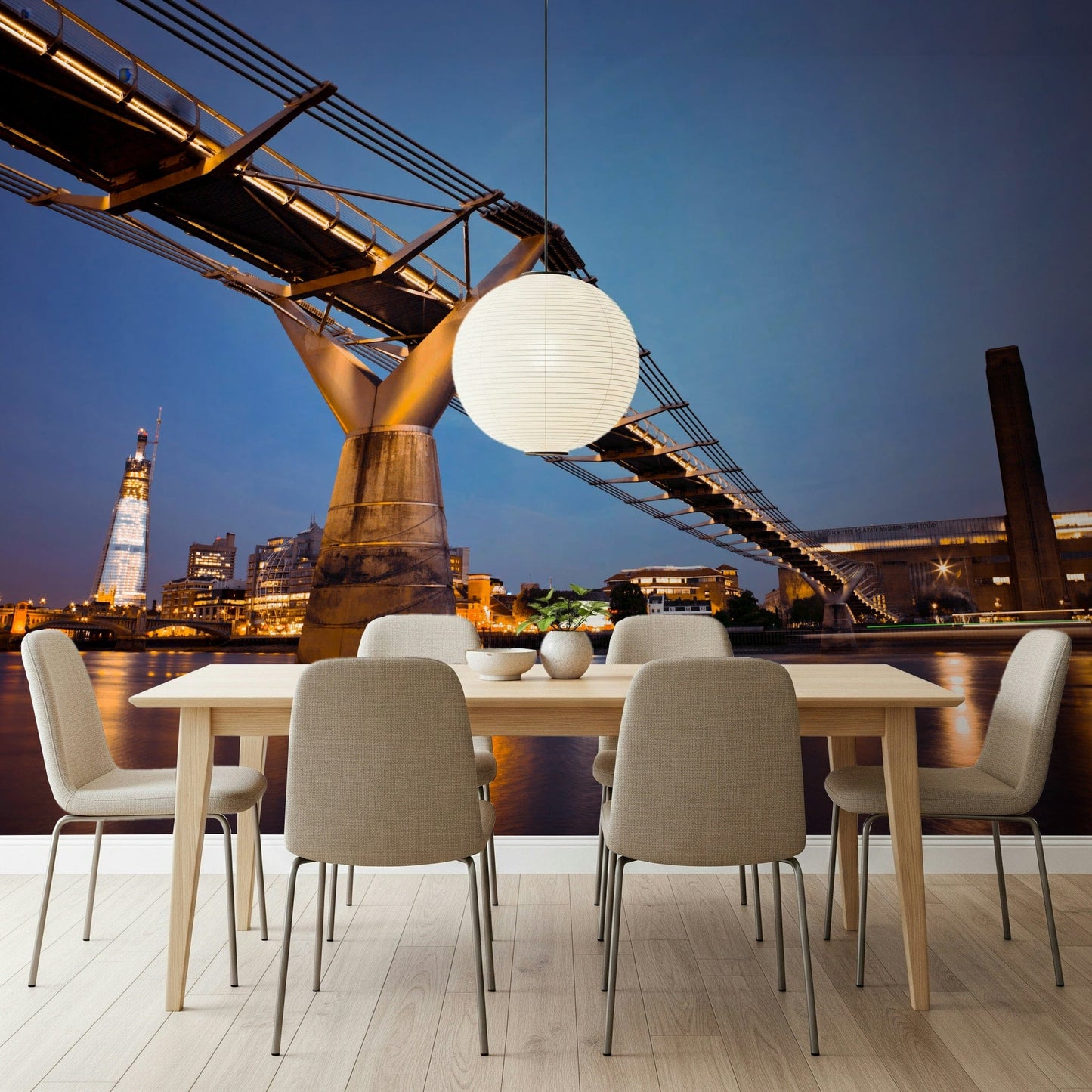Modern Meets Classic wallpaper mural of the golden bridge at dusk behind a light wood dining table and beige chairs