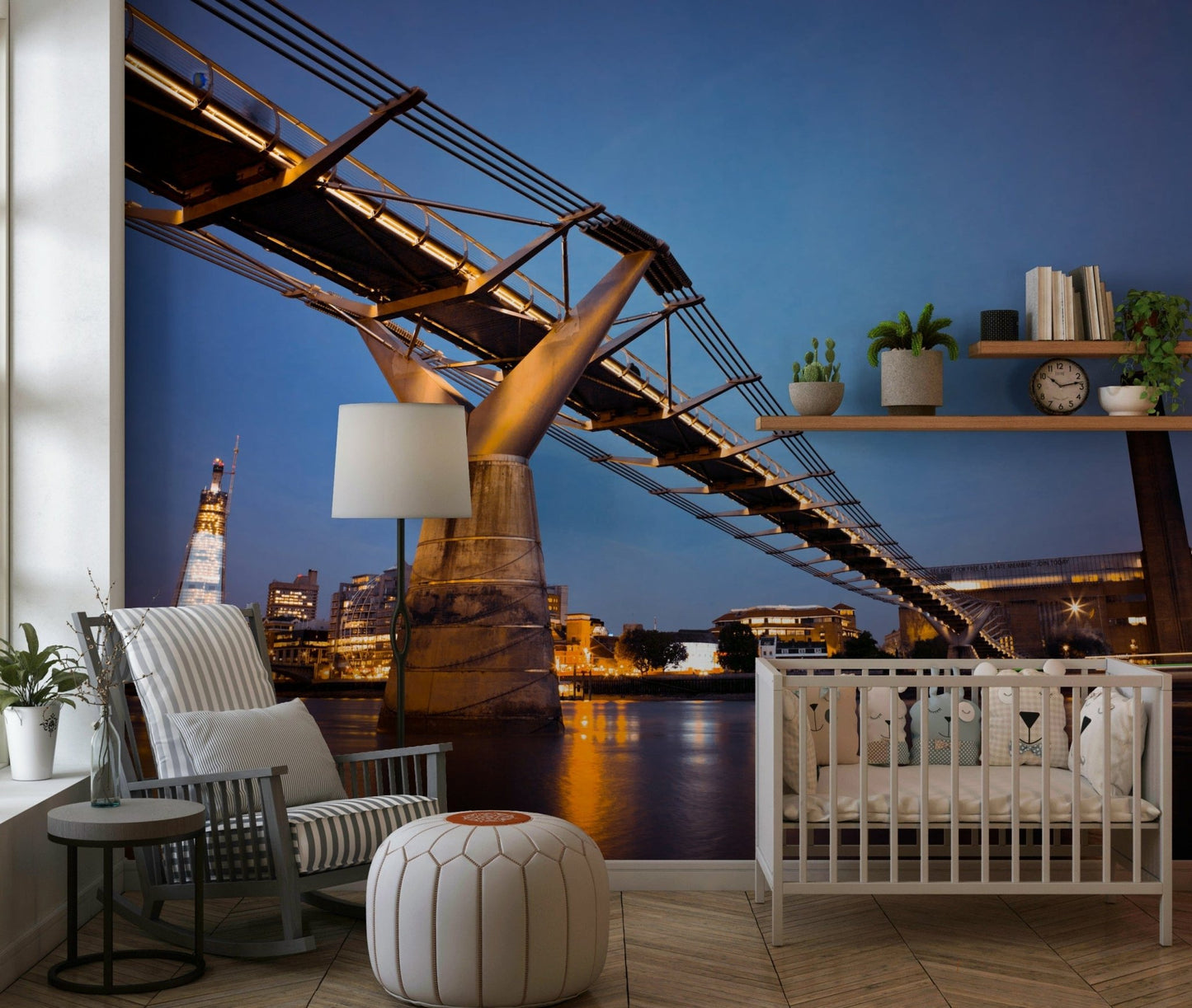 Modern Meets Classic wallpaper mural of the golden bridge at dusk behind a white crib and rocking chair in a nursery