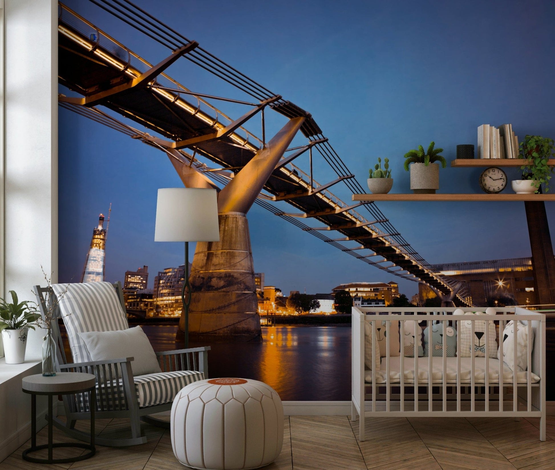 Modern Meets Classic wallpaper mural of the golden bridge at dusk behind a white crib and rocking chair in a nursery