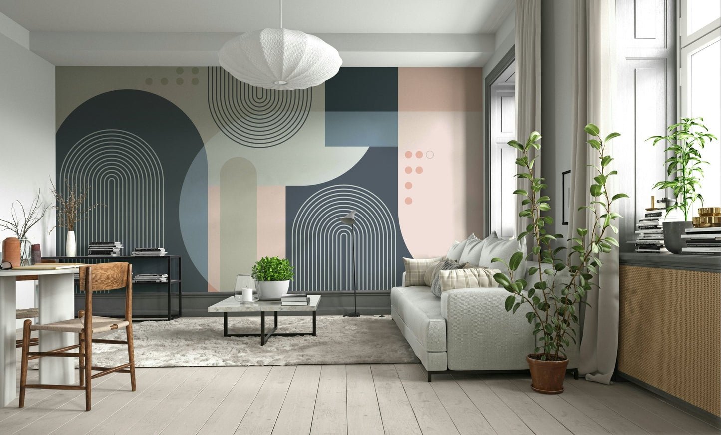 The colors are soft, muted tones of pastel pink, blue, and green.

