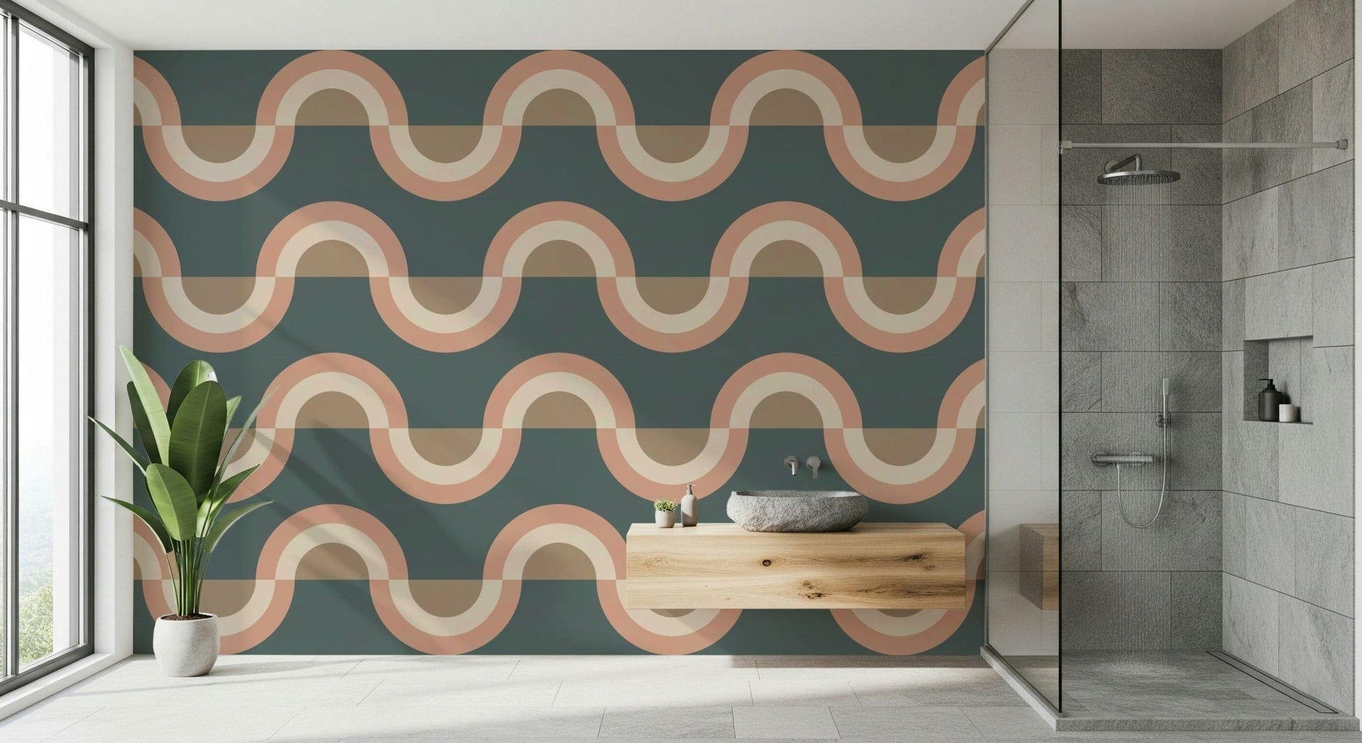 Modern Retro Arcs Decor wallpaper mural in teal and terracotta in a modern bathroom with a stone vessel sink and glass shower