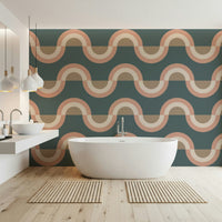 Modern Retro Arcs Decor wallpaper mural with teal and peach retro waves in a bright bathroom with a white freestanding tub