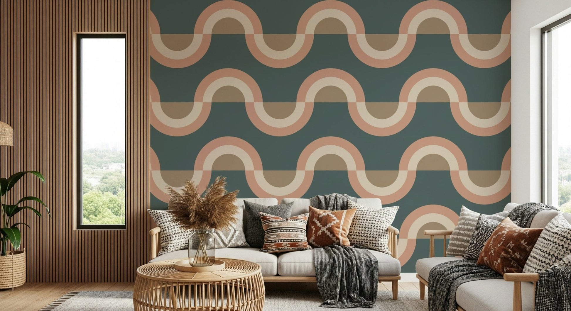 Modern Retro Arcs Decor wallpaper mural with teal and terracotta waves behind a cream sofa and rattan table in a living room