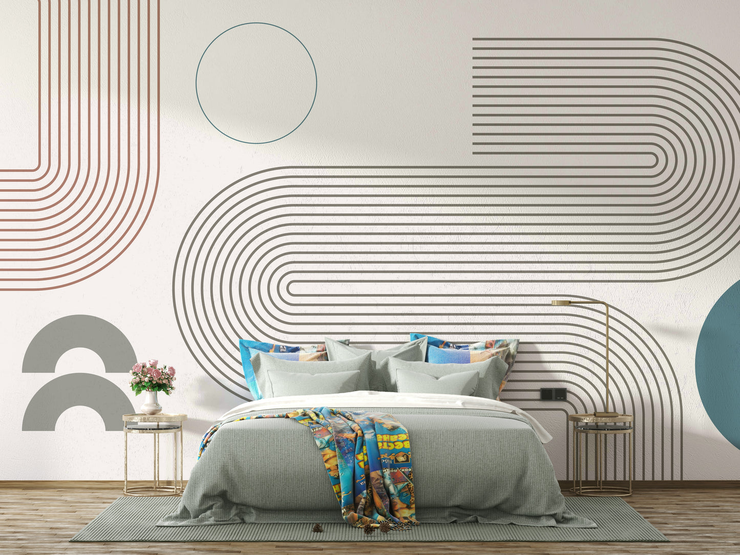 Geometric line mural in vintage modern colors

