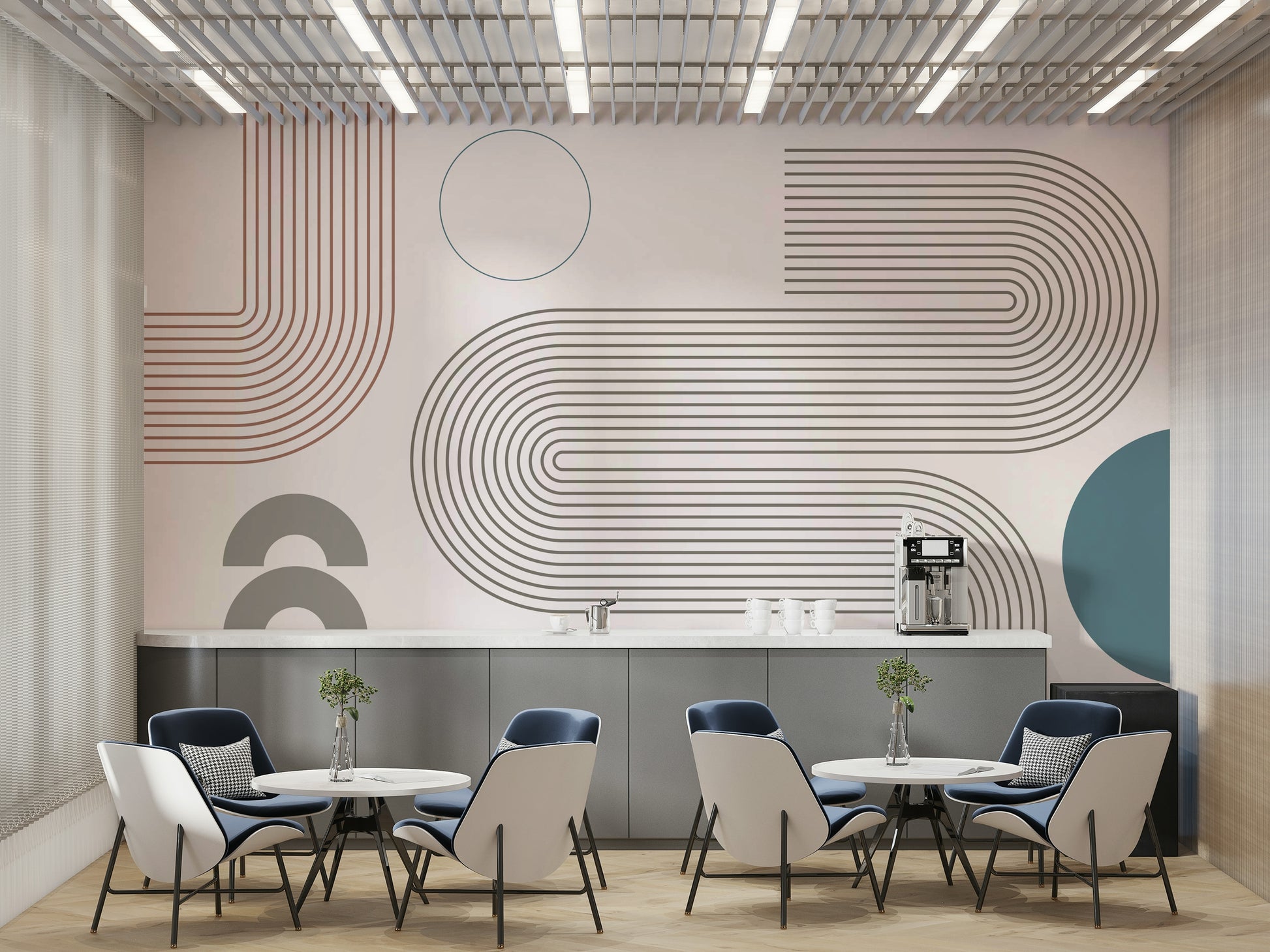 Graphic lines mural with vintage retro styling

