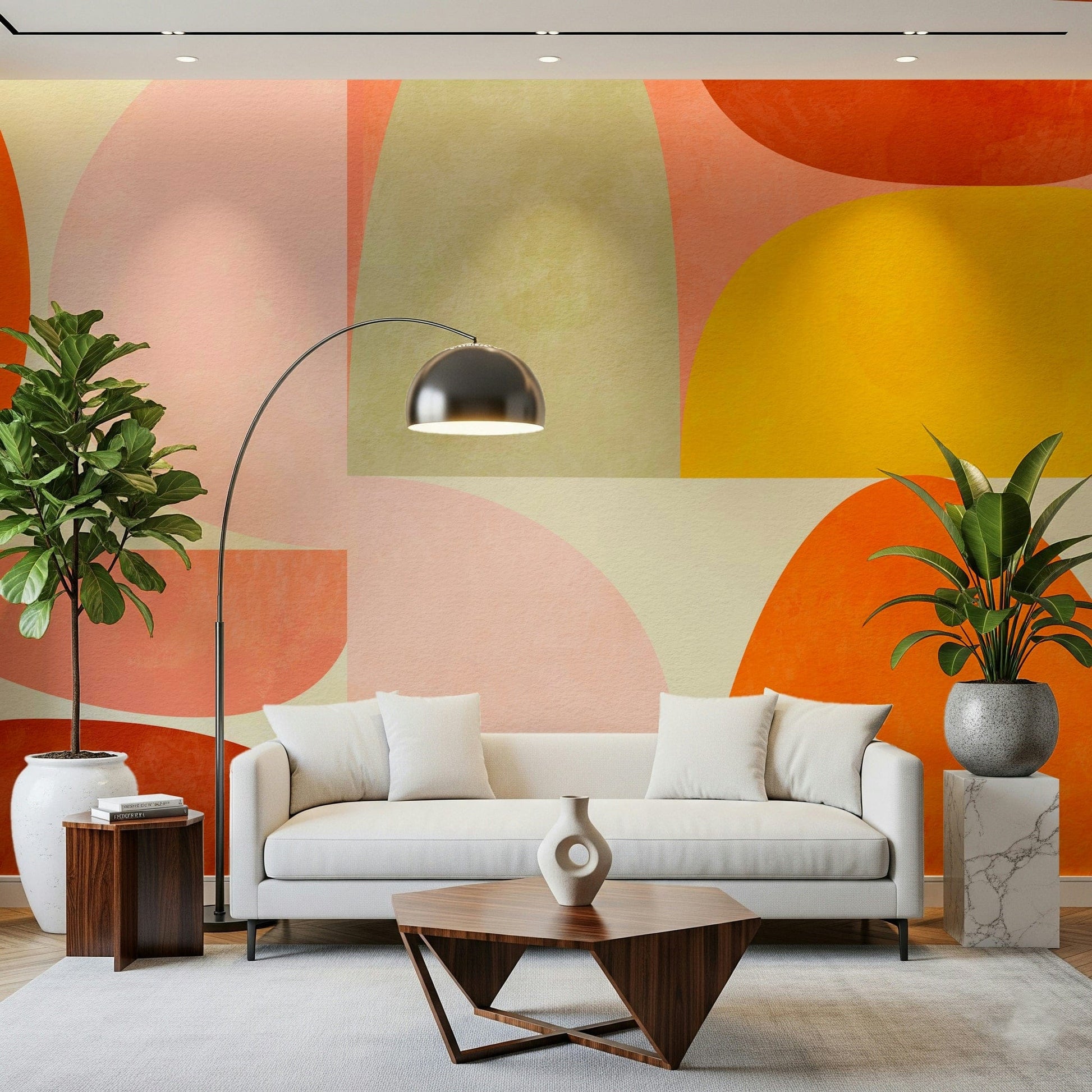 An artistic minimalist pattern mural on elegant wallpaper.


