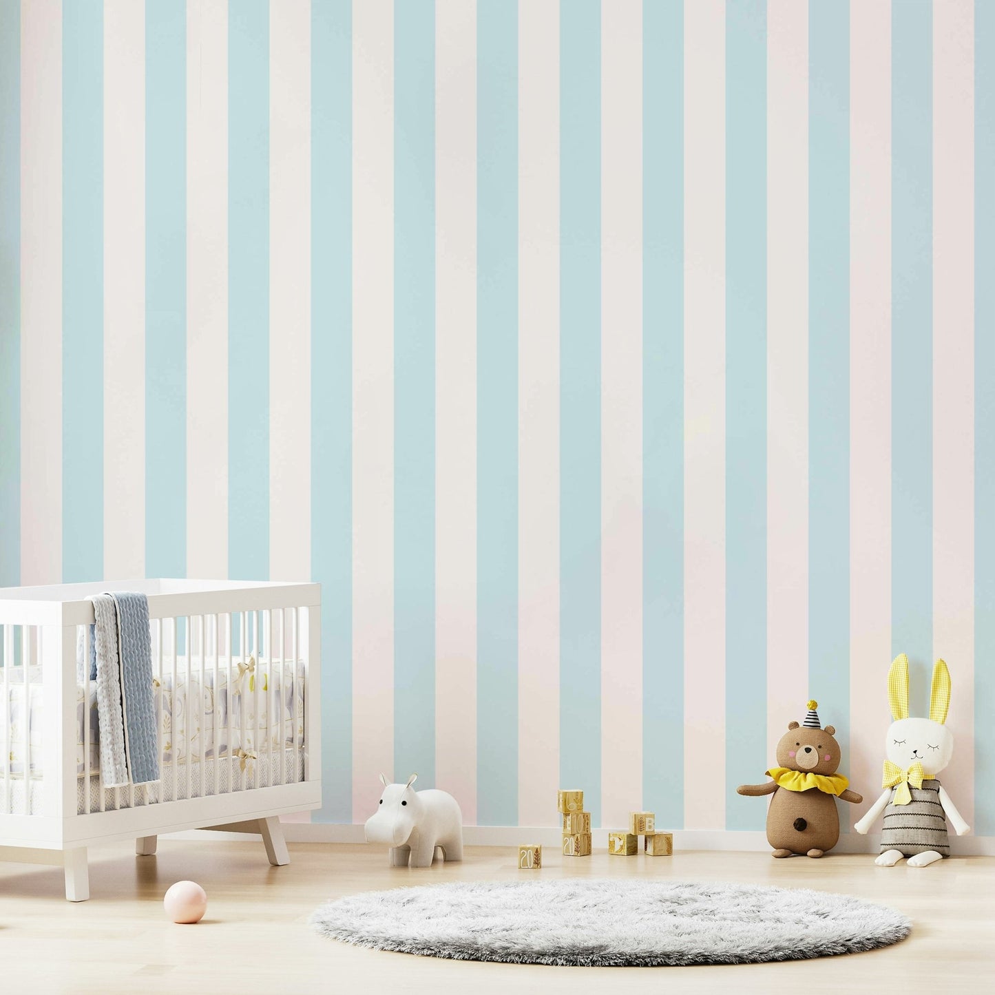 Soft beige and blue vertical stripe wall design


