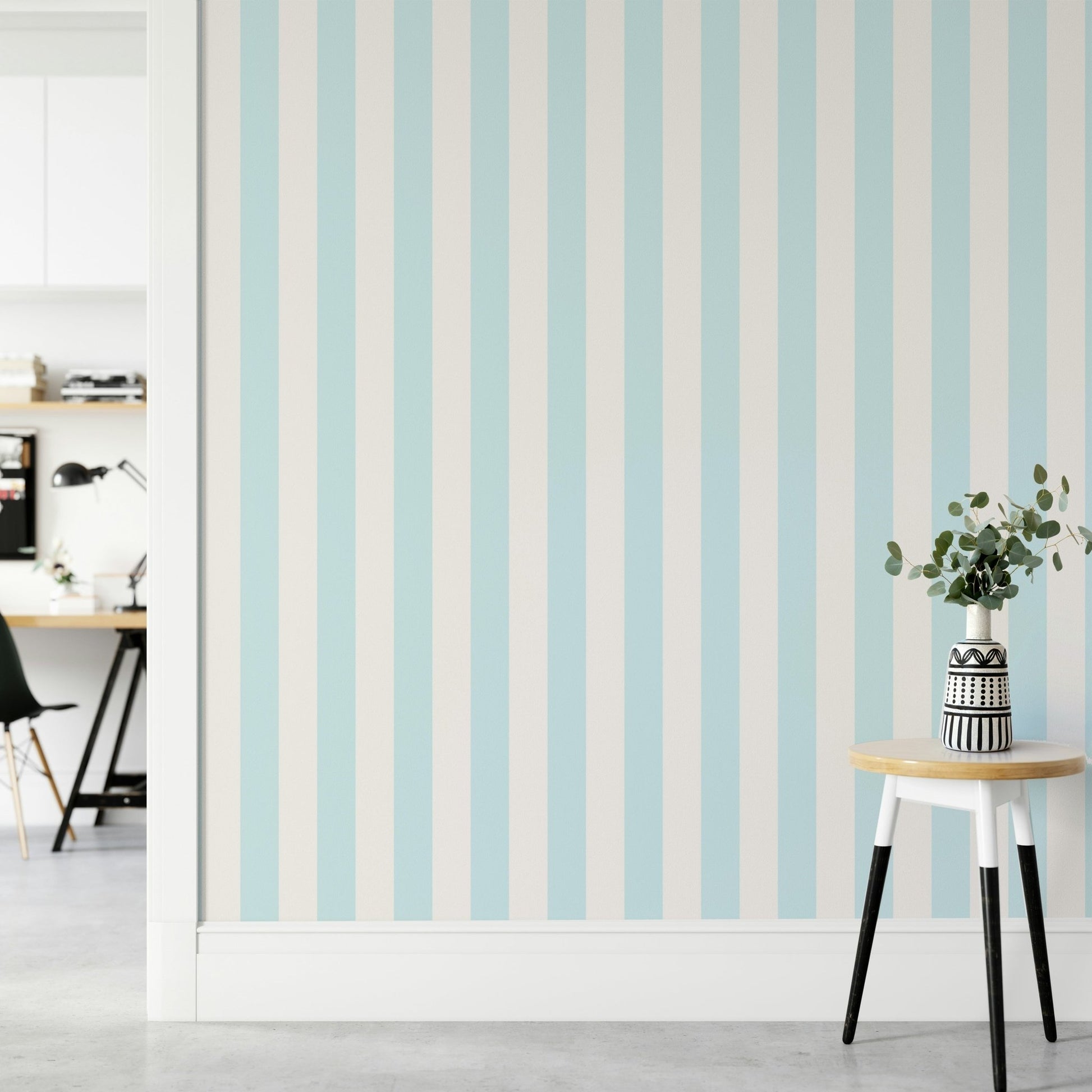 Elegant striped wallpaper in baby blue and cream tones

