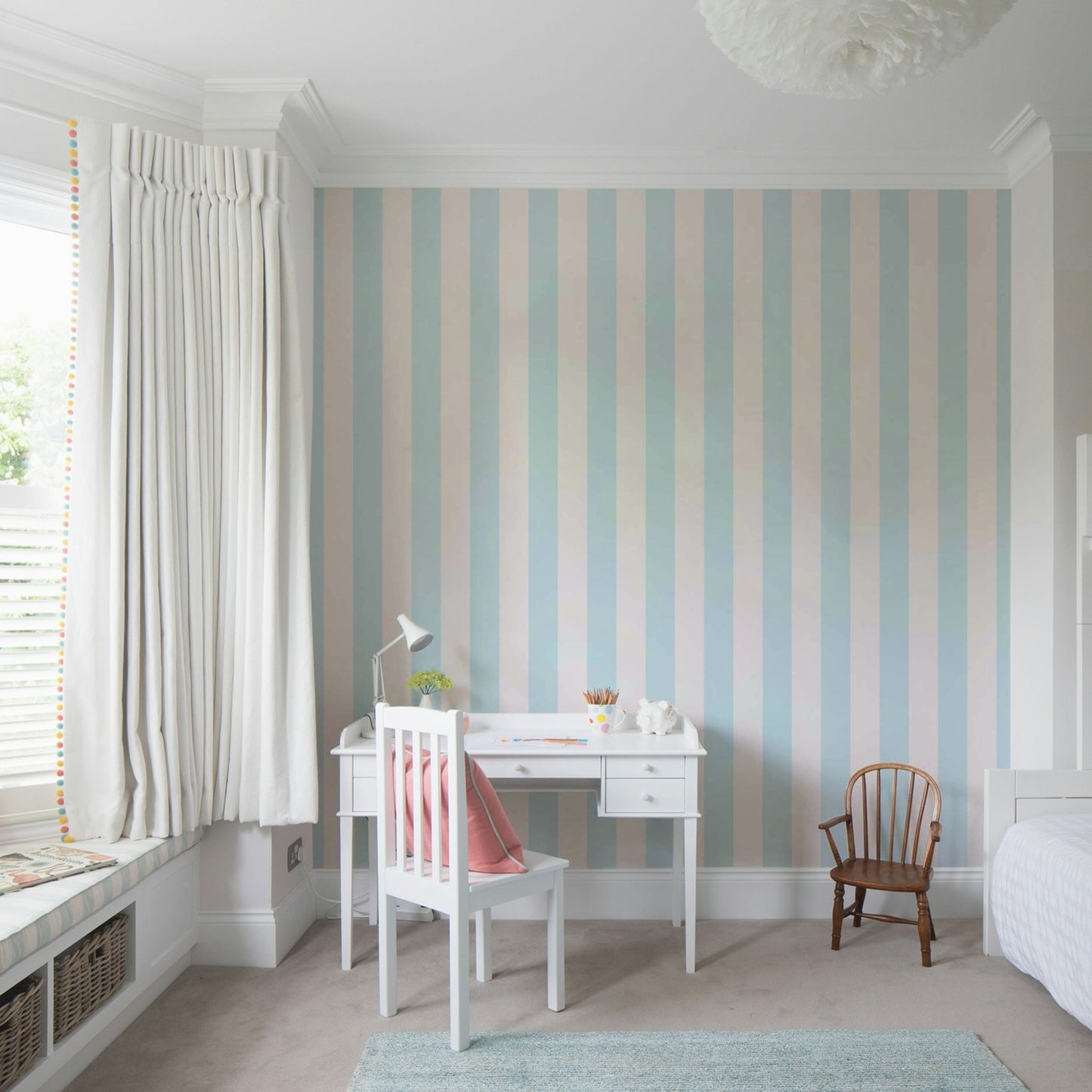 Baby blue and neutral beige striped wallpaper

