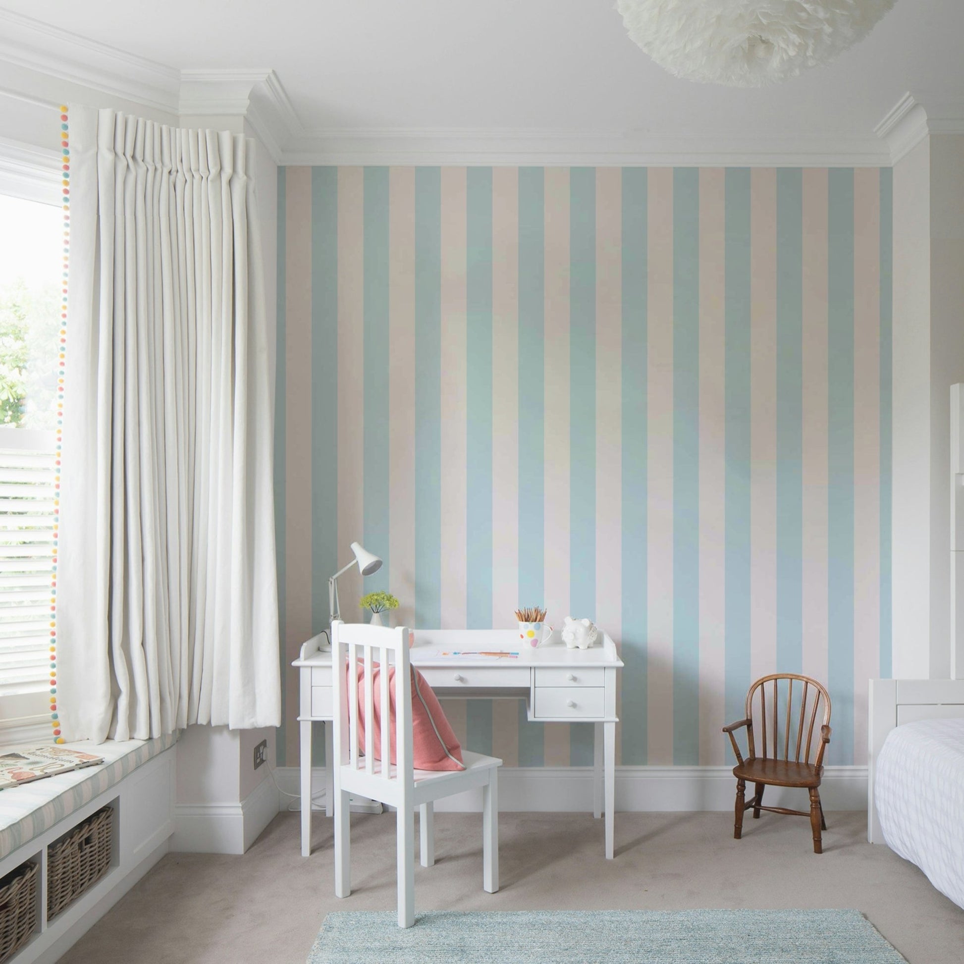 Baby blue and neutral beige striped wallpaper

