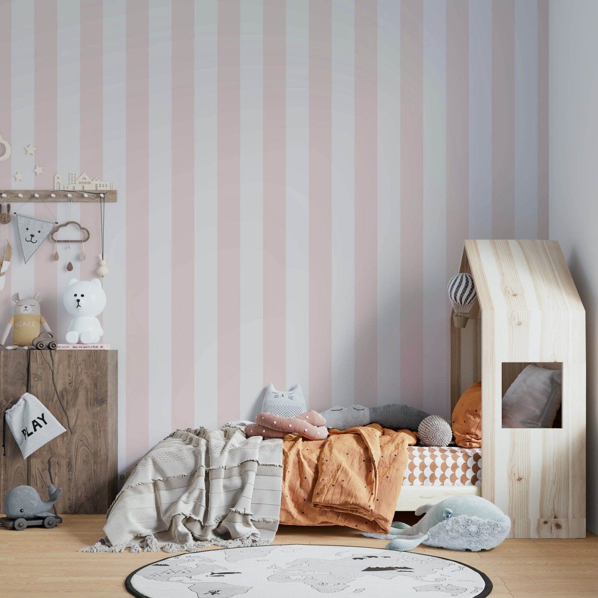Vertical stripe wallpaper in pink and beige tones

