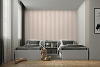 Pastel pink wallpaper with neutral beige stripes

